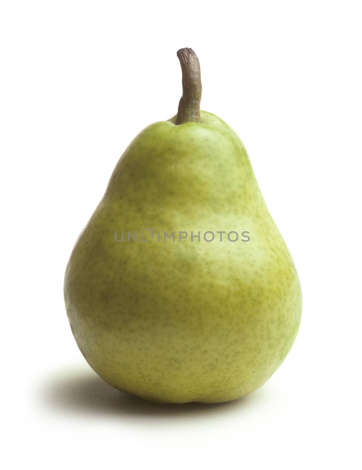 Single green Bartlett pear on white background