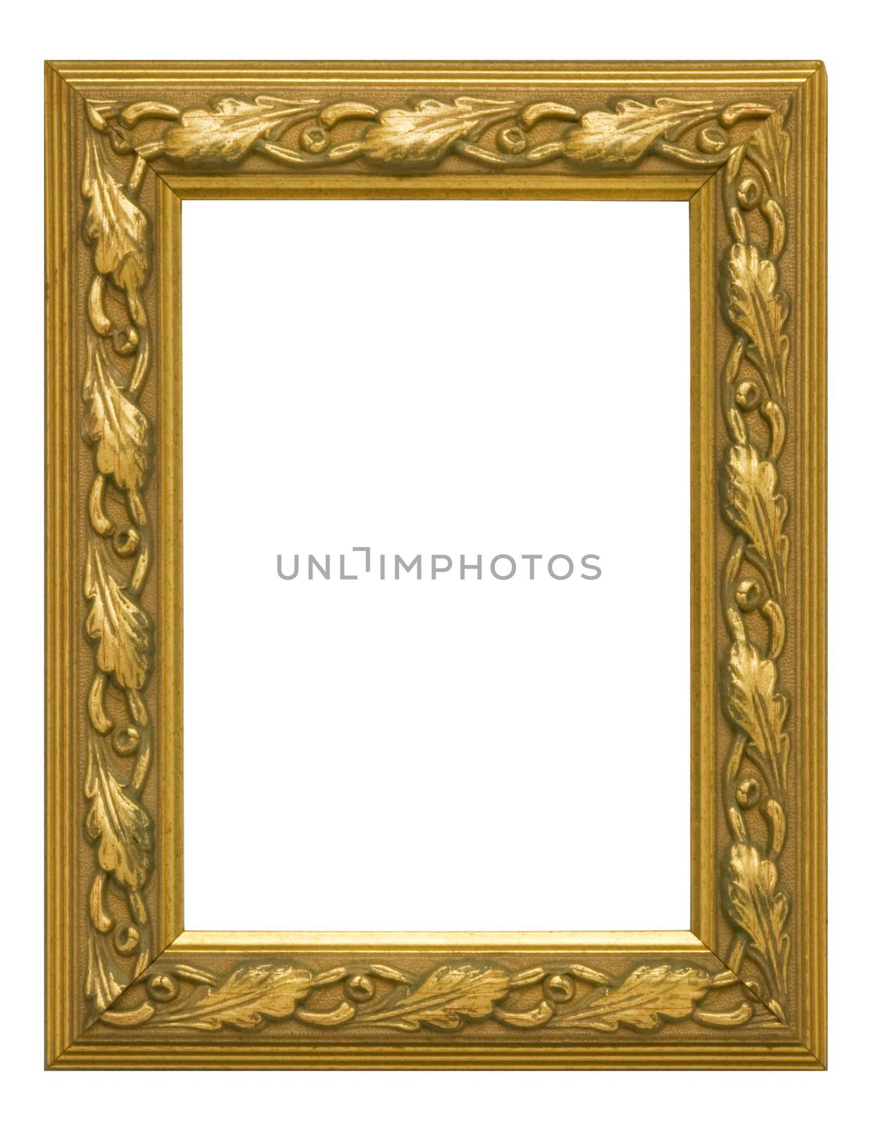 Antique gold vertical picture frame against white background