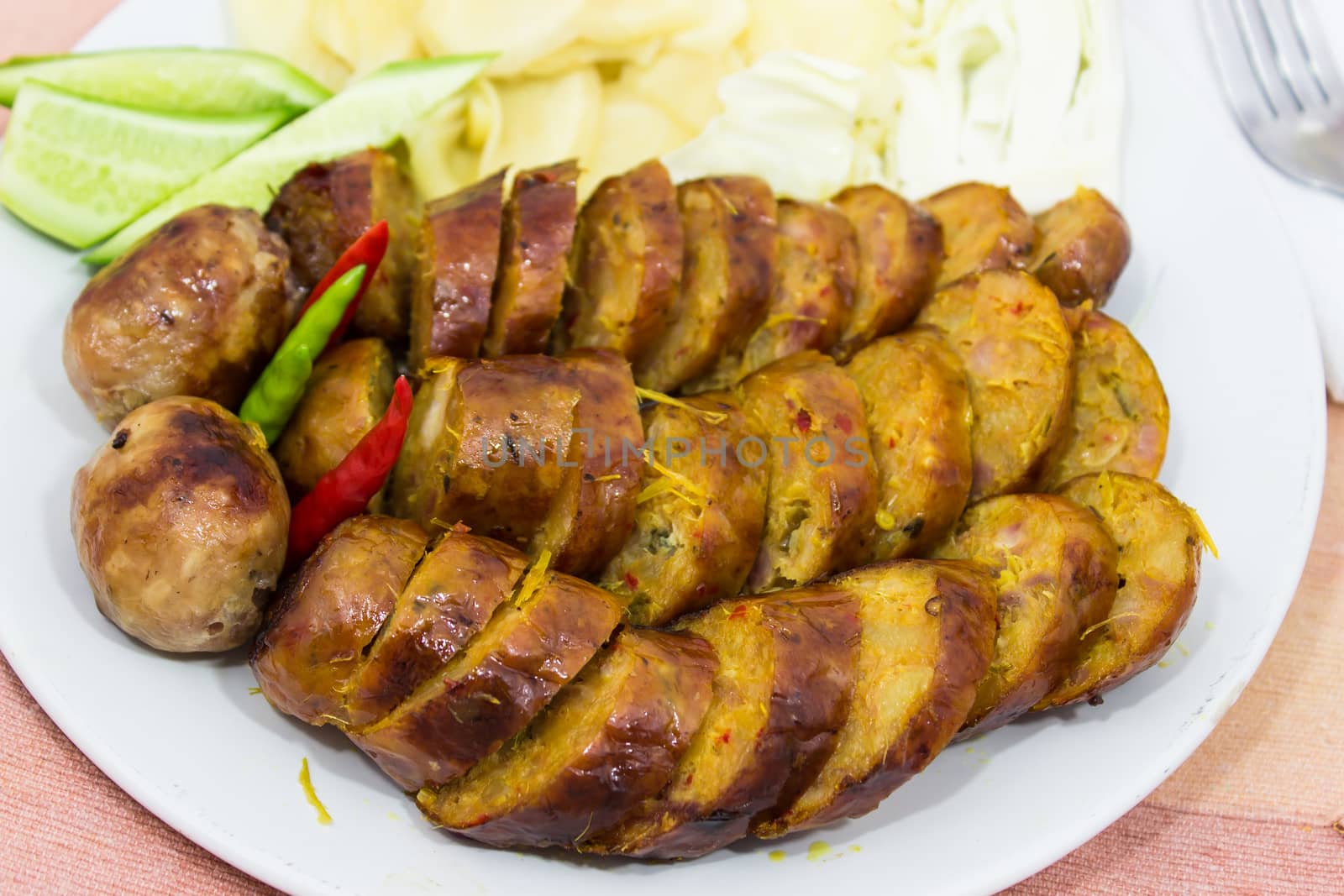 Thai food, Sausage grill style on plate of northeastern Thailand, Sai Aour Moo