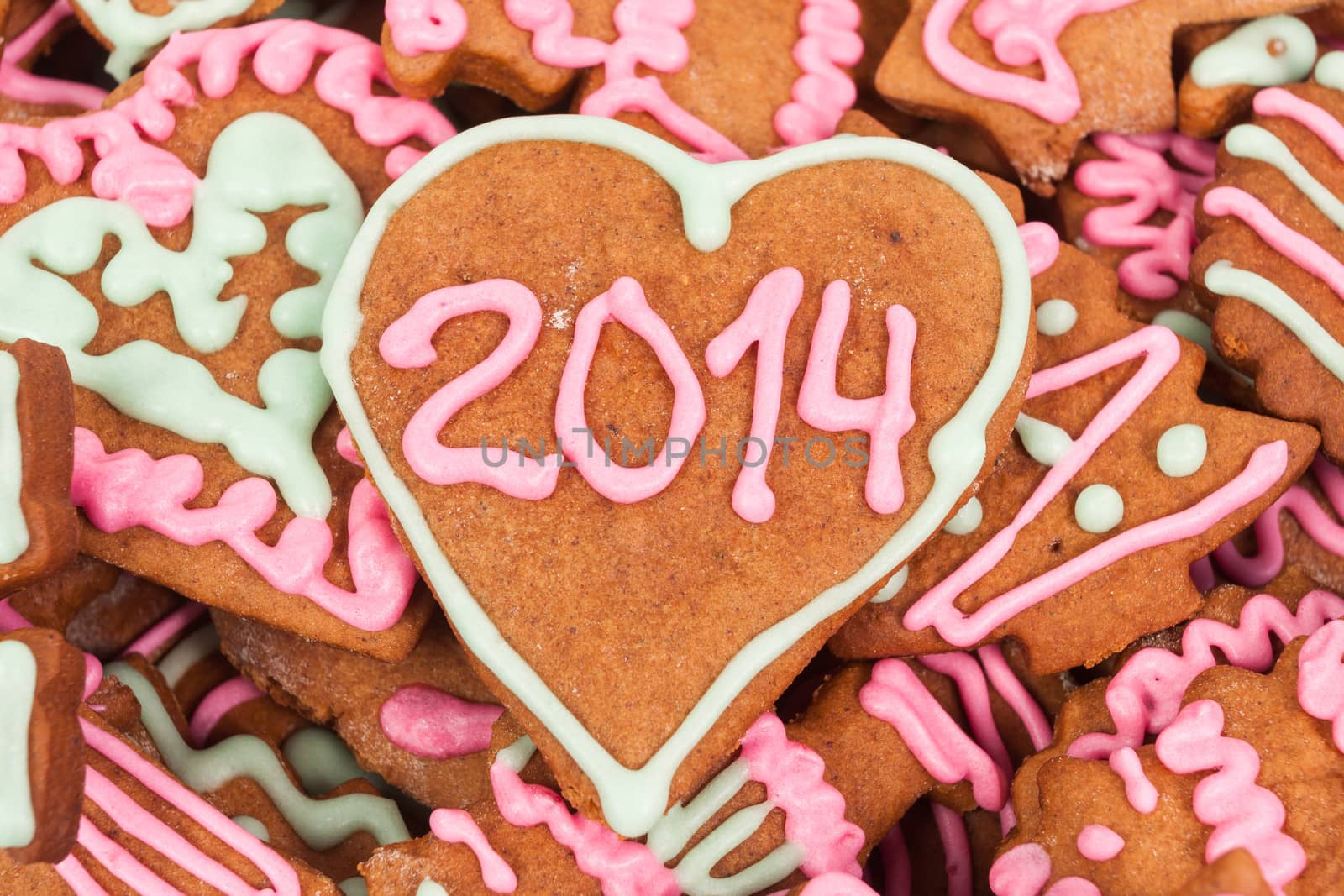 Homemade new year cookies with 2014 number - heart shape