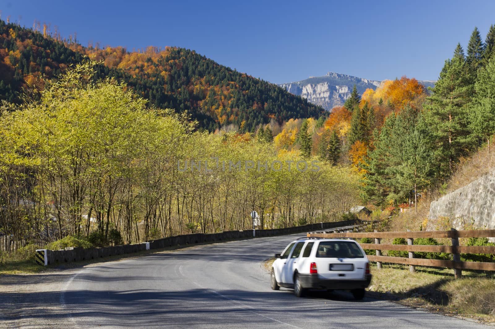 moving car on road in autumn mountain landscape