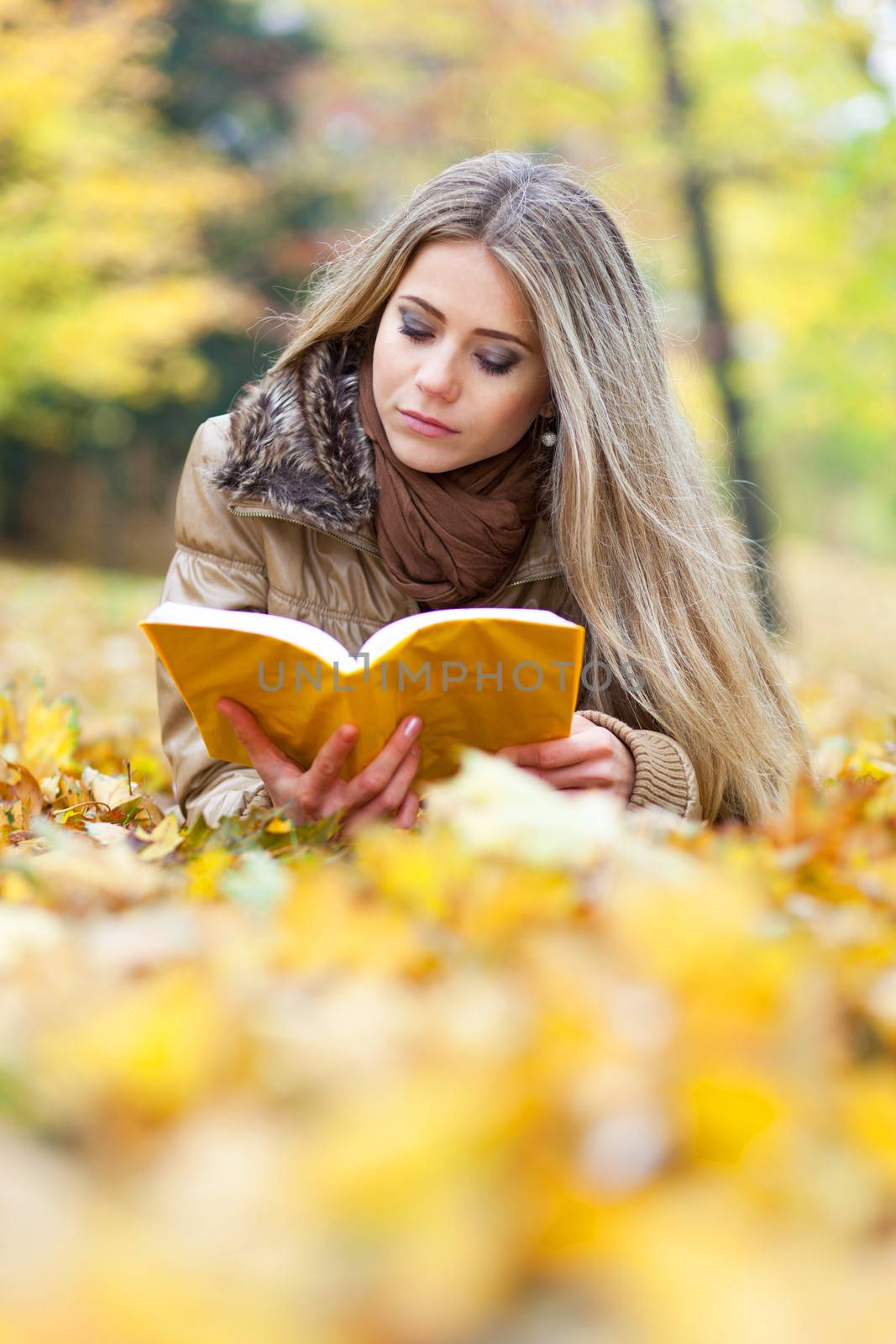 Beautiful girl reading lying in a park