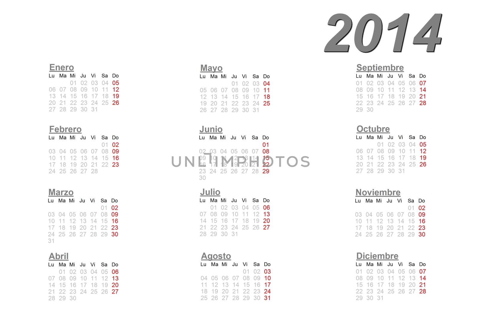 Spanish calendar for 2014 on white background