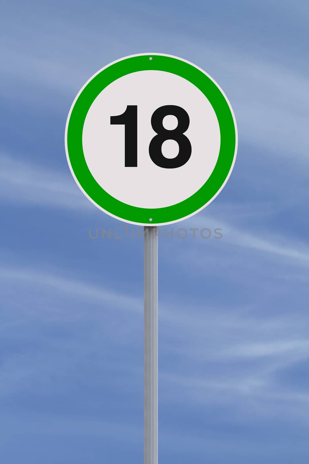 A modified speed limit sign indicating the age of majority of 18