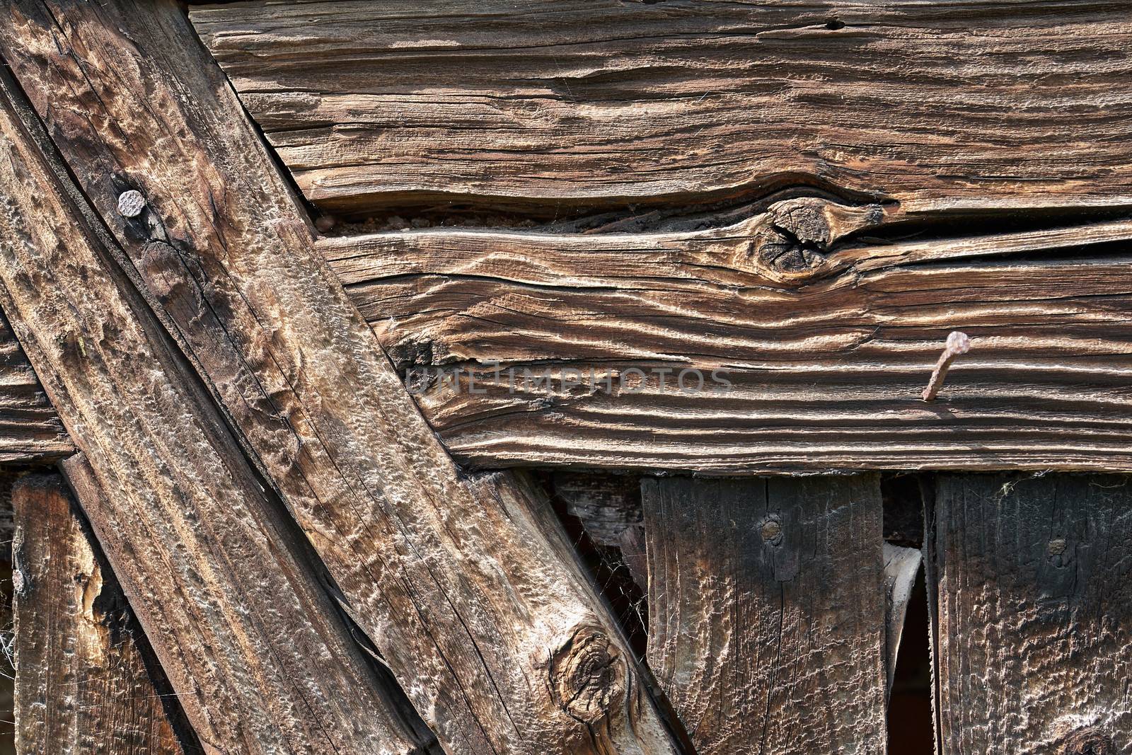 Aged old textured wood pattern surface with nails  background                                               
