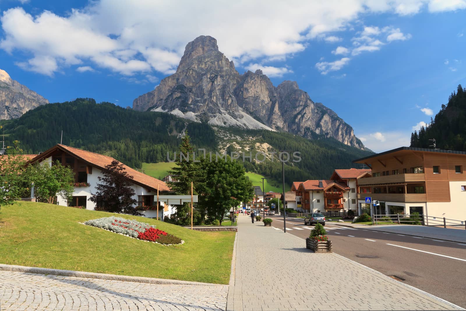 street in Corvara, famous village in Val Badia, Italian Dolomites