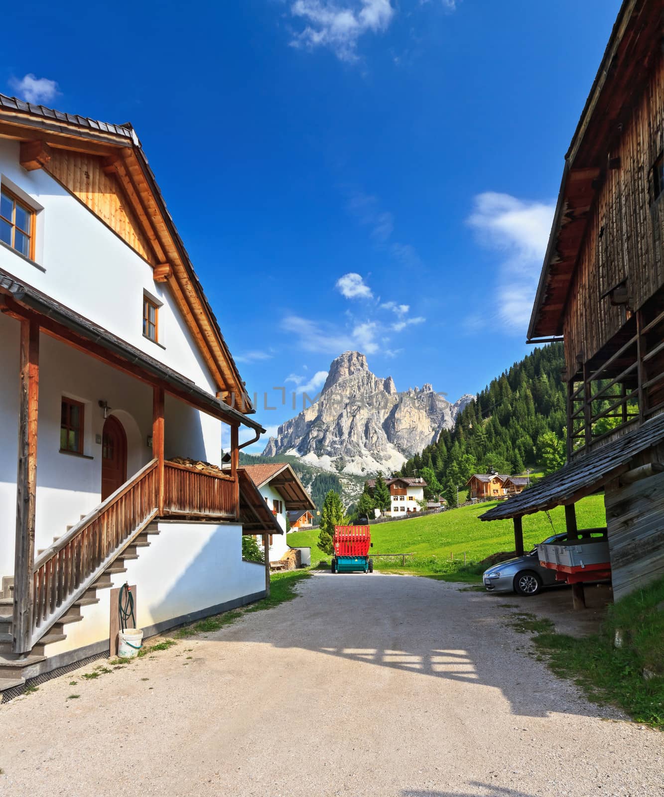 view from Corvara in Badia, Italian dolomites. On background Sassongher mount