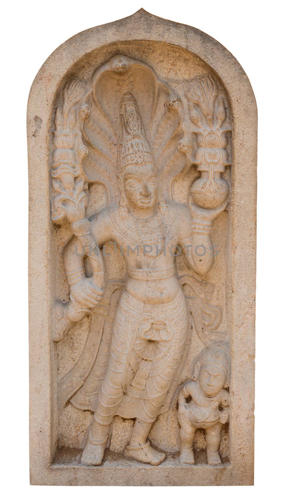 Ancient guardstone Naga Raja (King of snakes) near a Buddhist temple, Sri Lanka isolated on white. Naga Raja is a guardian of wealth and harbinger of prosperity.