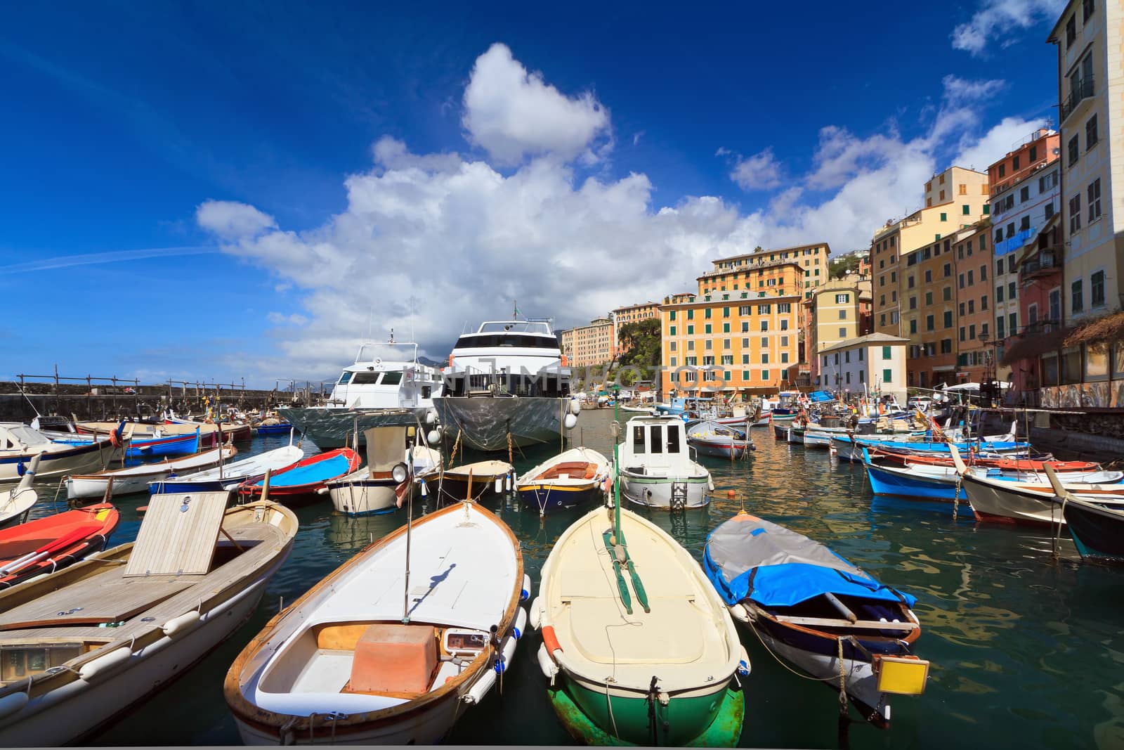 harbor with fishing boats in Camogli, famous small town in Liguria, Italy