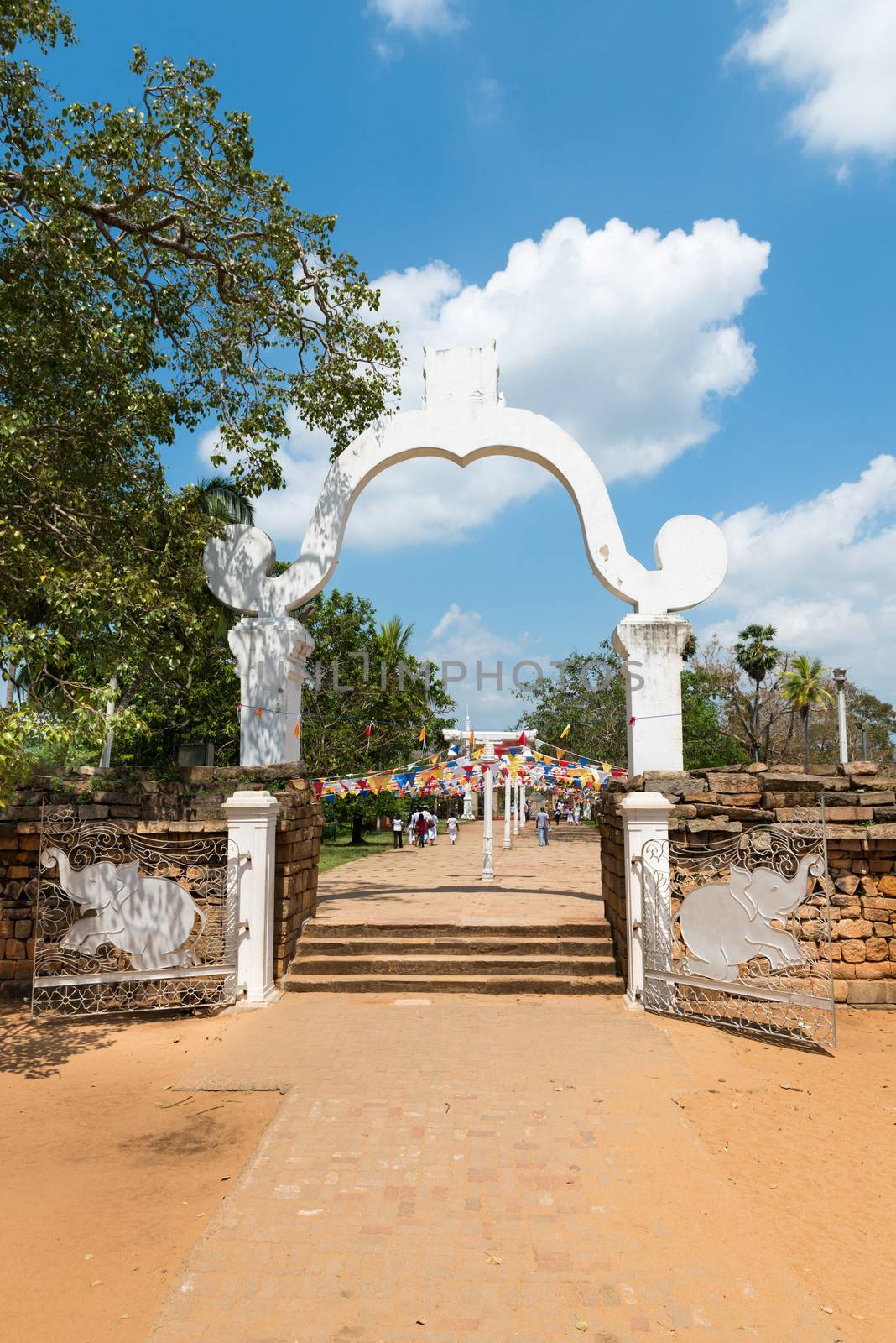 Gate and entrance in Buddhist temple to Sri Maha Bodhi, Anuranhapura, Sri Lanka