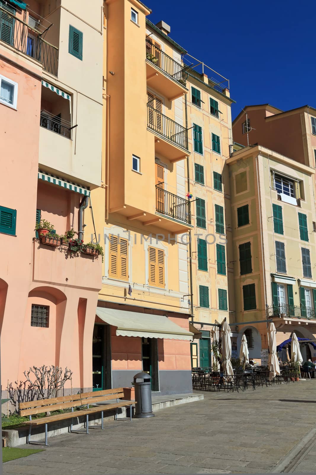 homes and promenade in Camogli, famous small town in Liguria, Italy

