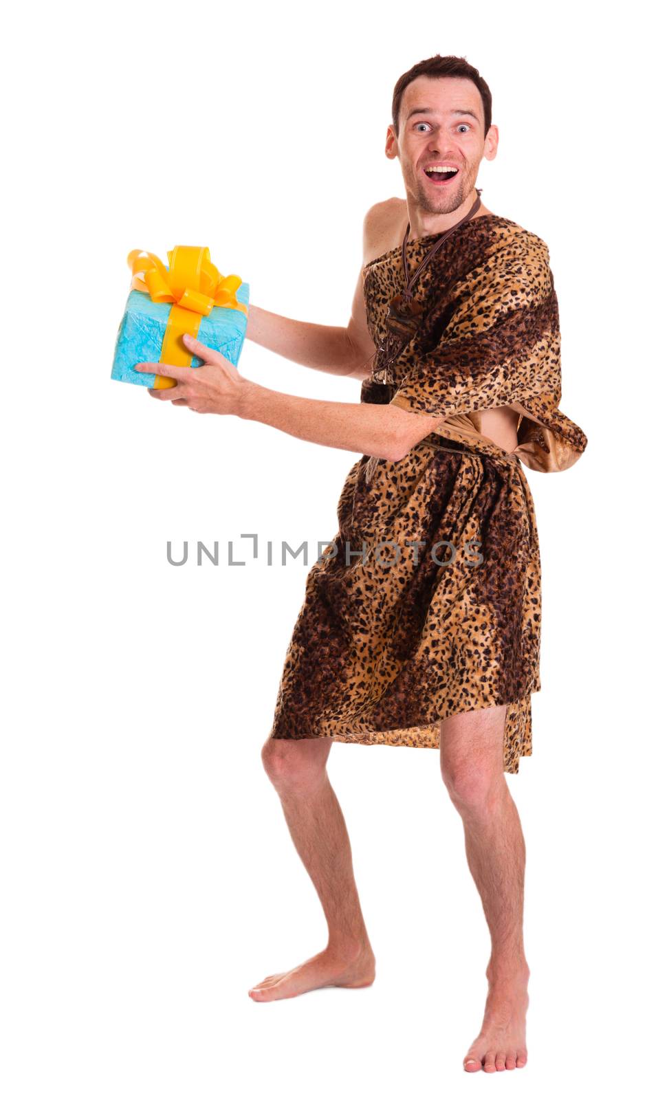 Emotional and happy wild funny man in animal fell with present or gift pack isolated on white background