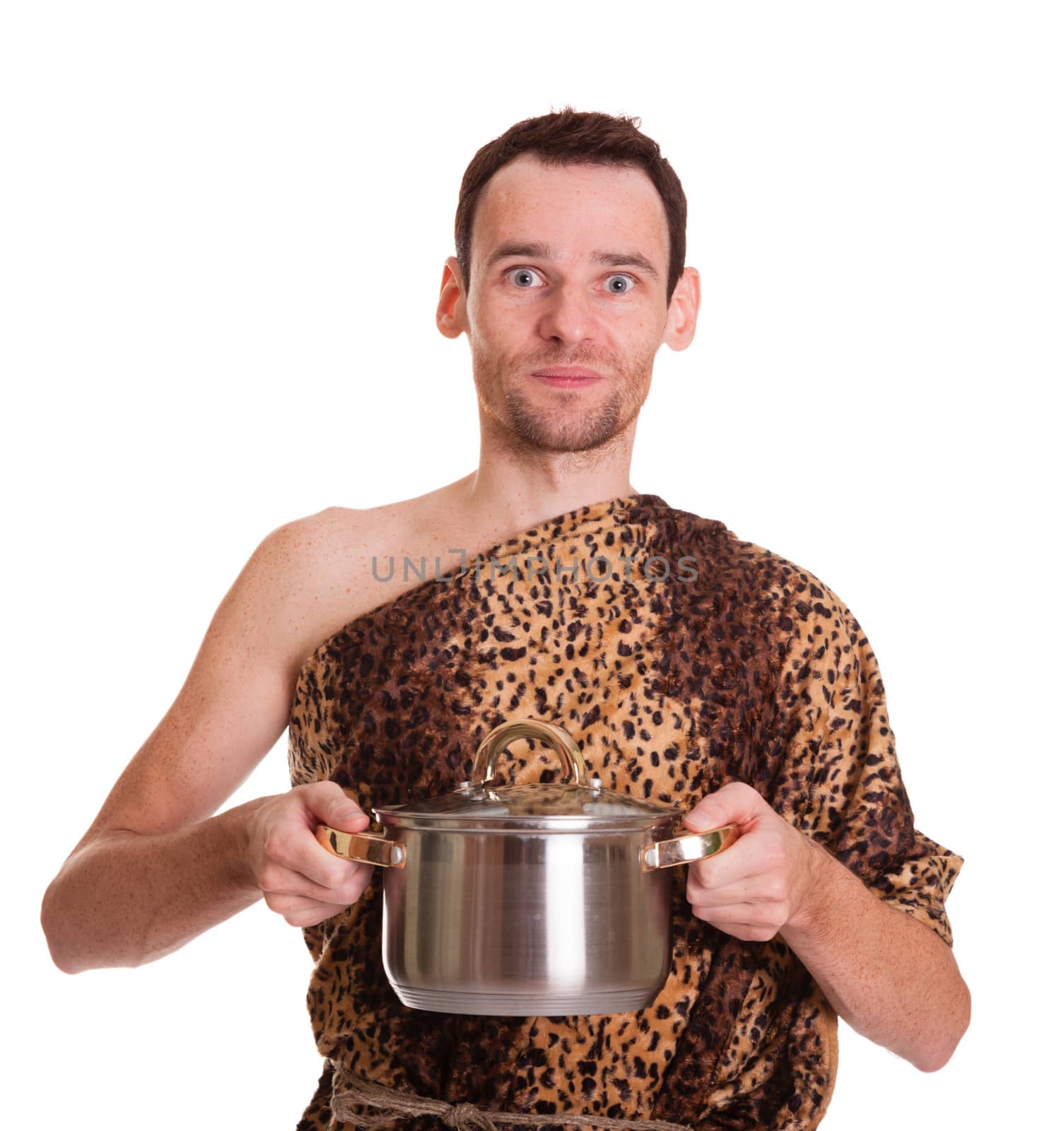 Wild funny man in animal fell holds cooked food in a stew pan isolated on white background