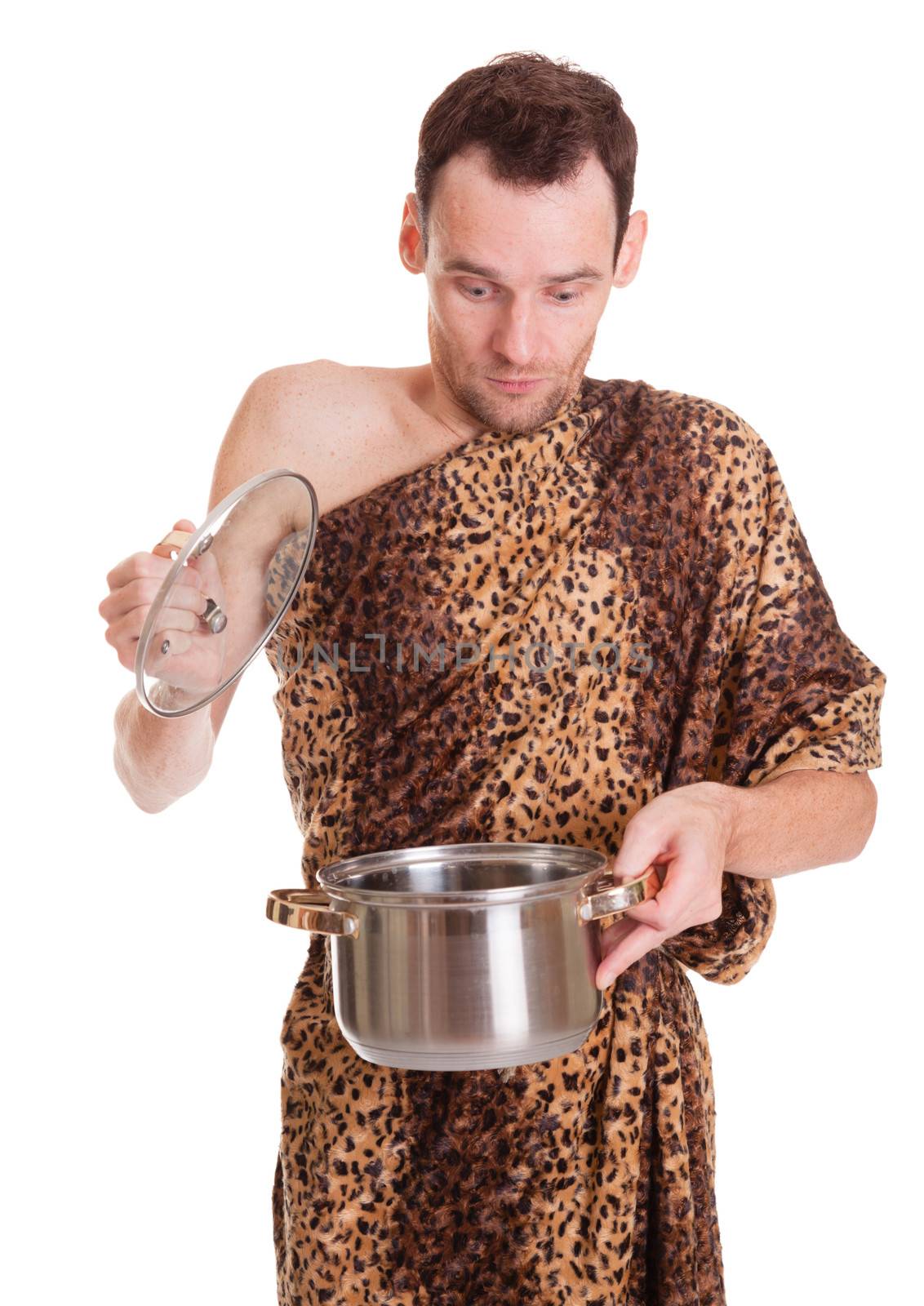 Surprised wild funny man in animal fell looks in open stew pan isolated on white background