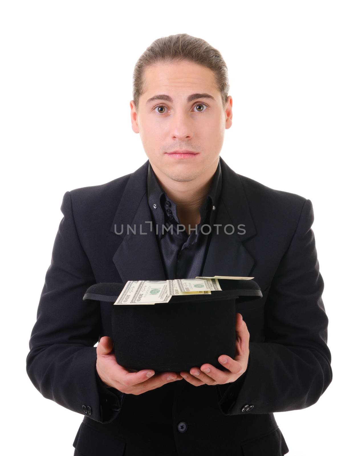 Sad man in black suit hold a hat with paper money cash dollars isolated on white background