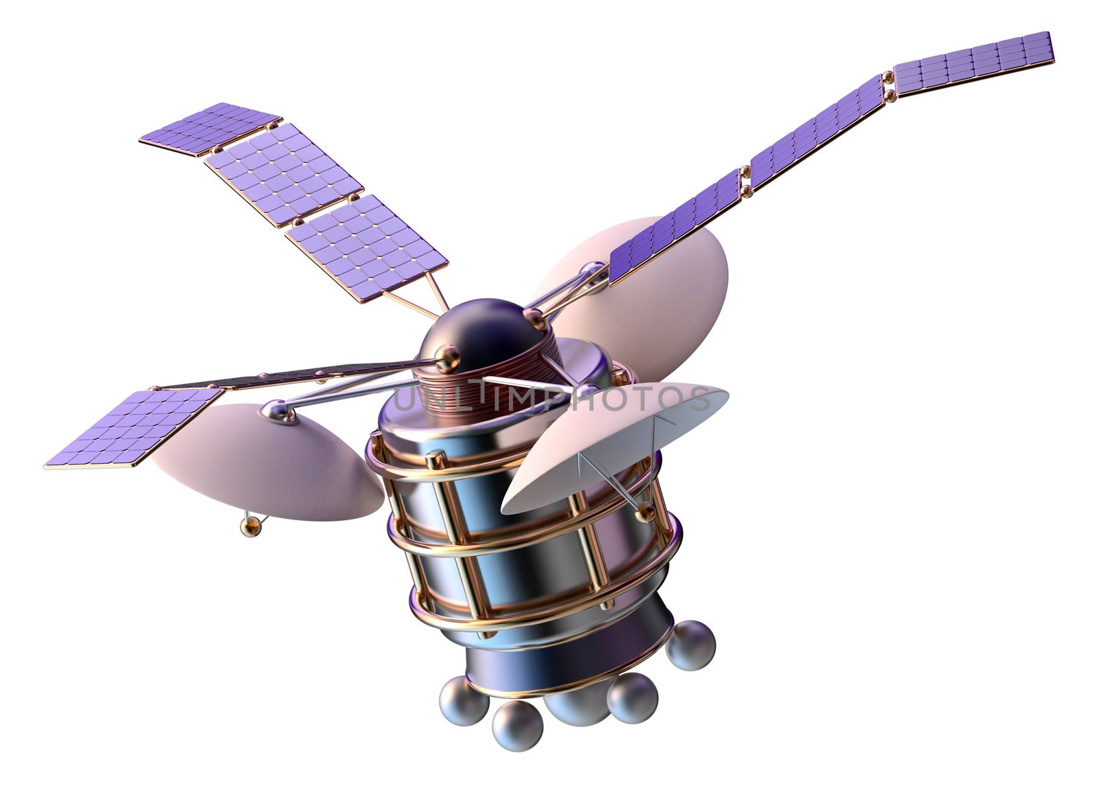 3D model of an artificial satellite of the Earth, equipped solar panels and parabolic satellite communications antenna