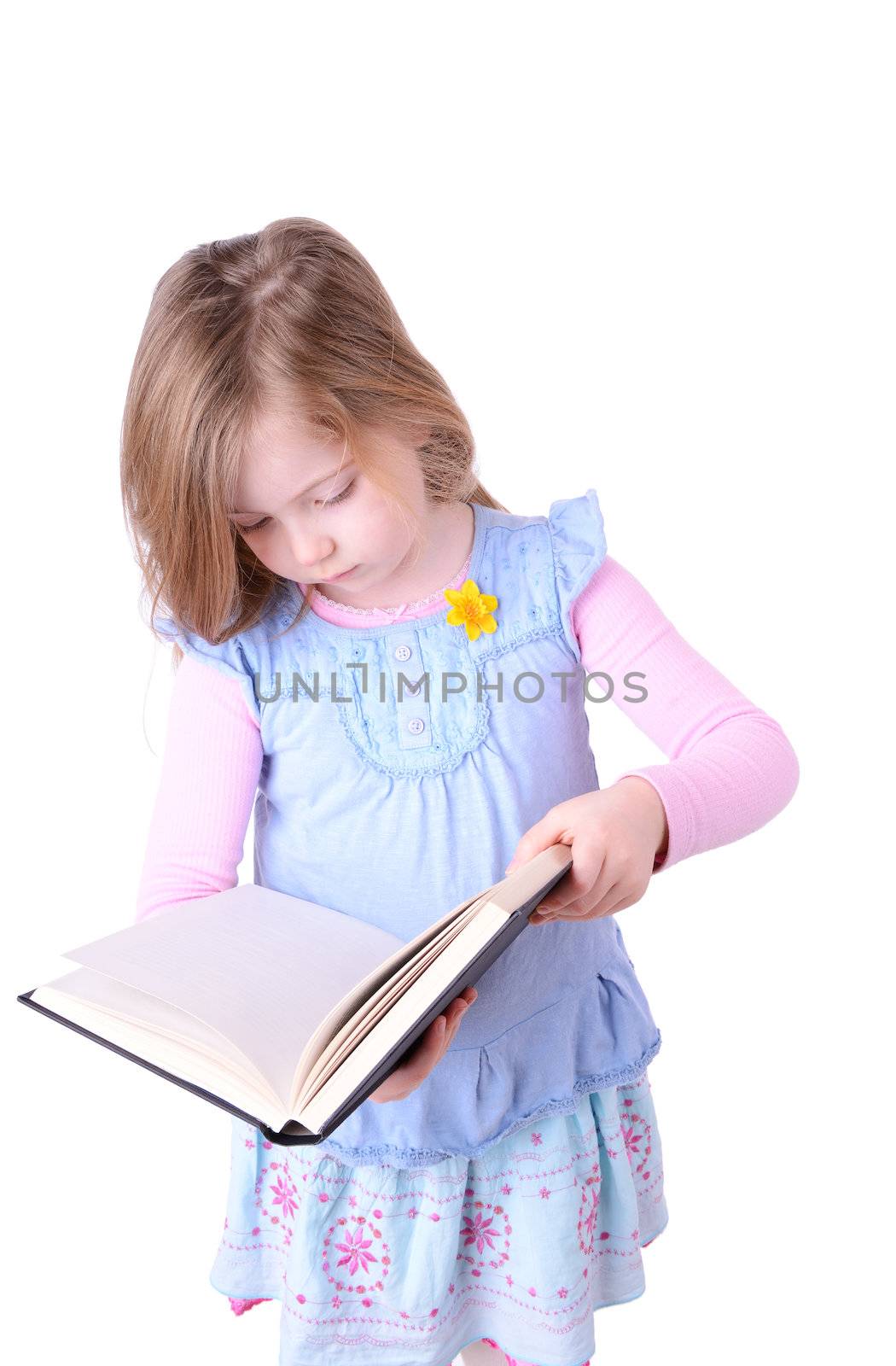 little girl reading a big book isolated on white background