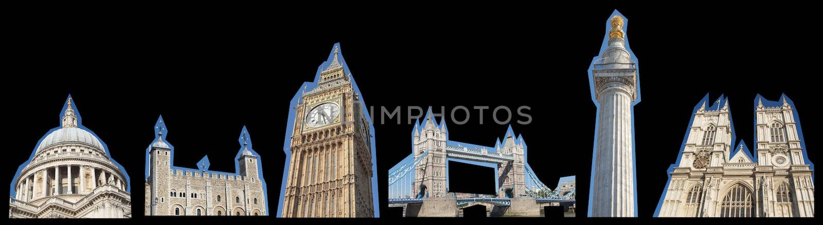 London landmarks collage including St Paul Cathedral Tower of London Big Ben Monument Westminster Cathedral