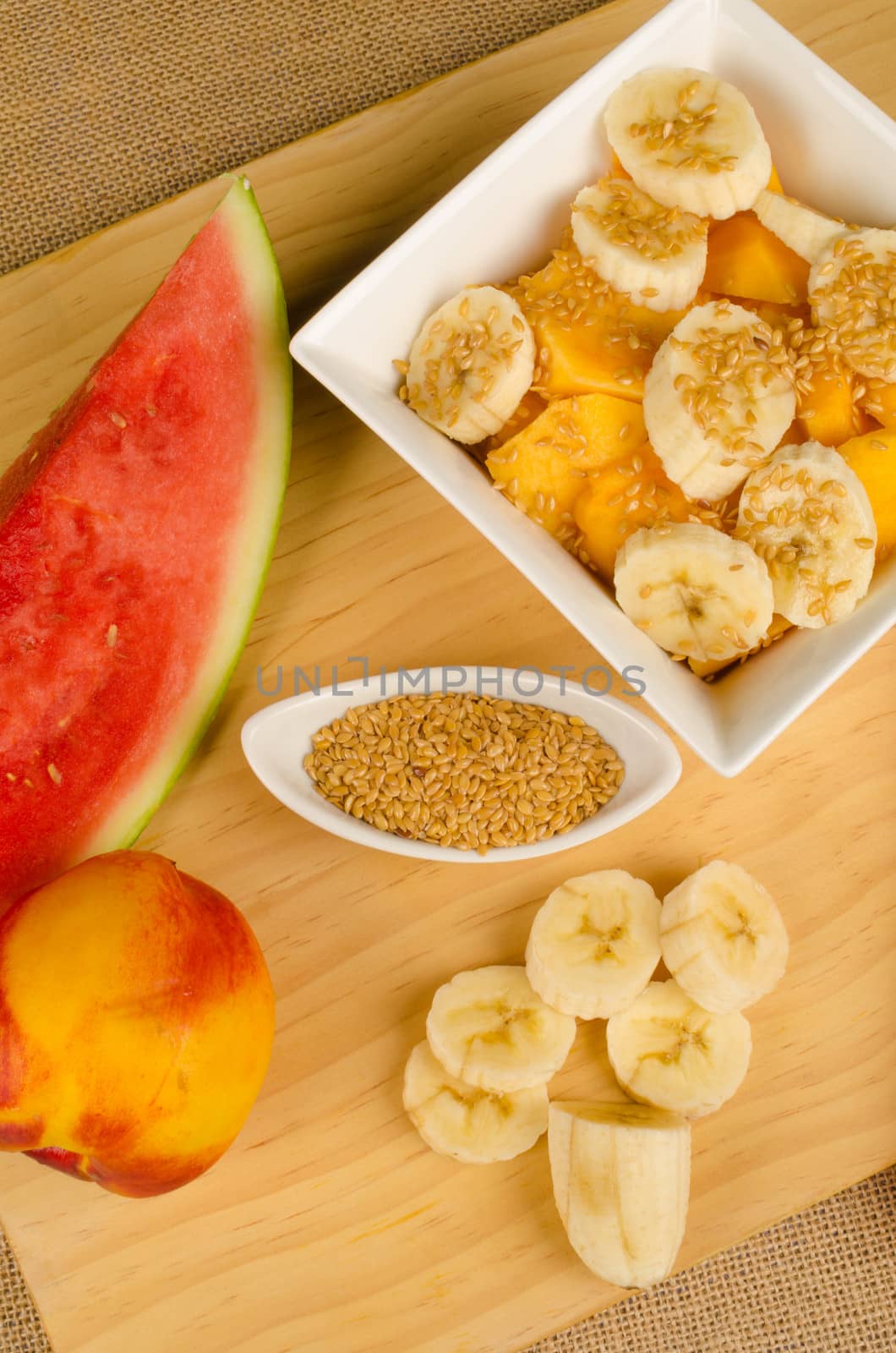 Healthy breakfast with fresh fruit and linseed