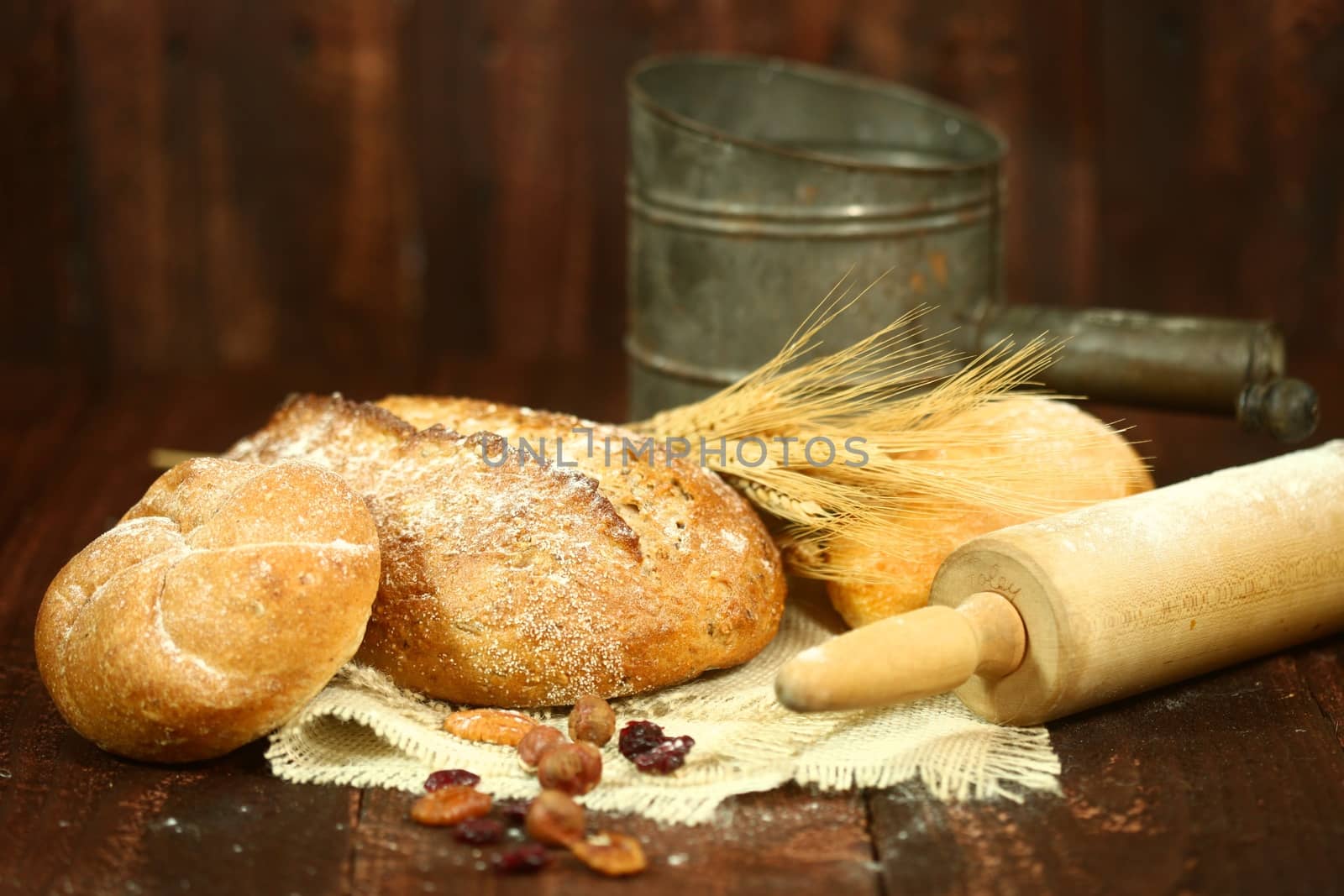 Fresh Baked Bread on Wooden Background