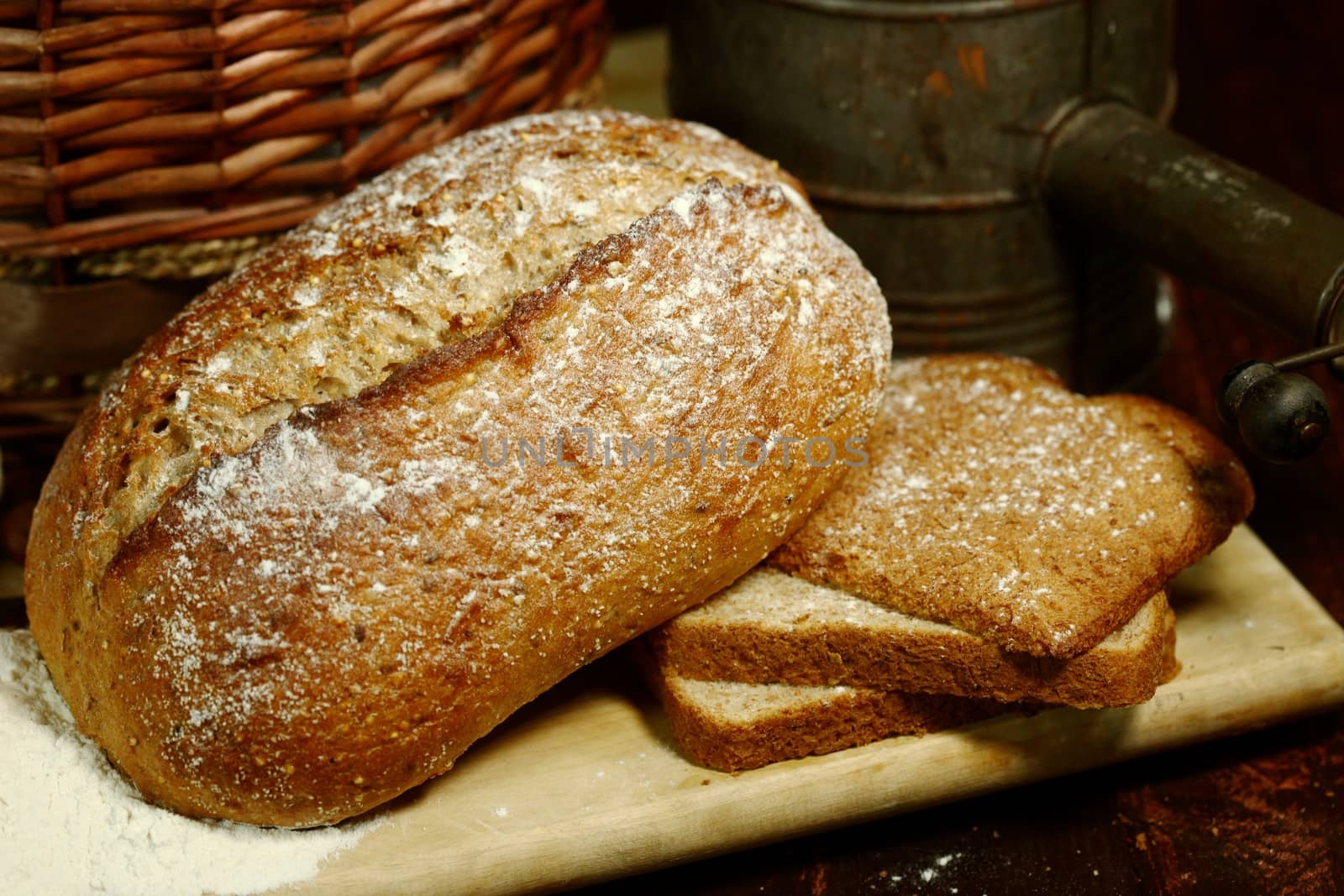 Fresh Baked Bread on Wooden Background