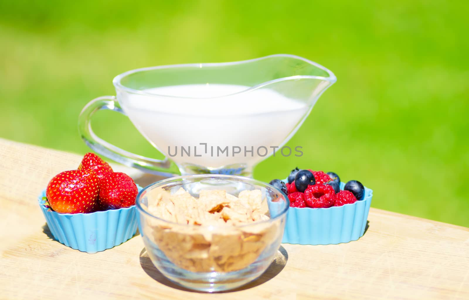 Healthy breakfast with cereals, blueberry, raspberry, strawberry, and milk. Selective focus.