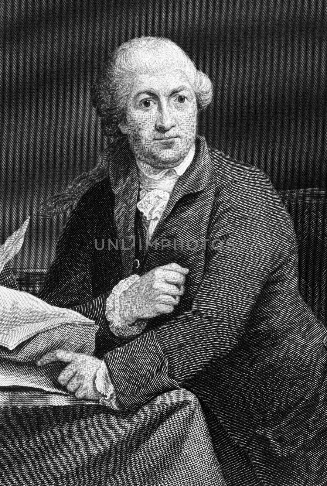 David Garrick (1717-1779) on engraving from 1873. English actor, playwright, theatre manager and producer. Engraved after a painting by Robert Edge Pine and published in "The Masterpiece Library of Short Stories'',USA,1873.