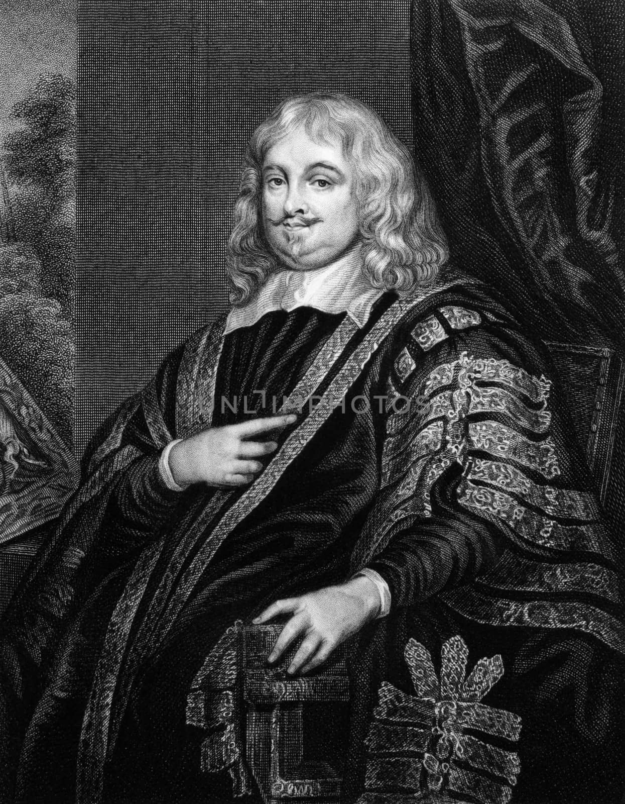 Edward Hyde, 1st Earl of Clarendon (1609-1674) on engraving from 1829. English statesman, historian, and maternal grandfather of two English monarchs, Queen Mary II and Queen Anne.Engraved by J.Cochran and published in ''Portraits of Illustrious Personages of Great Britain'',UK,1829.