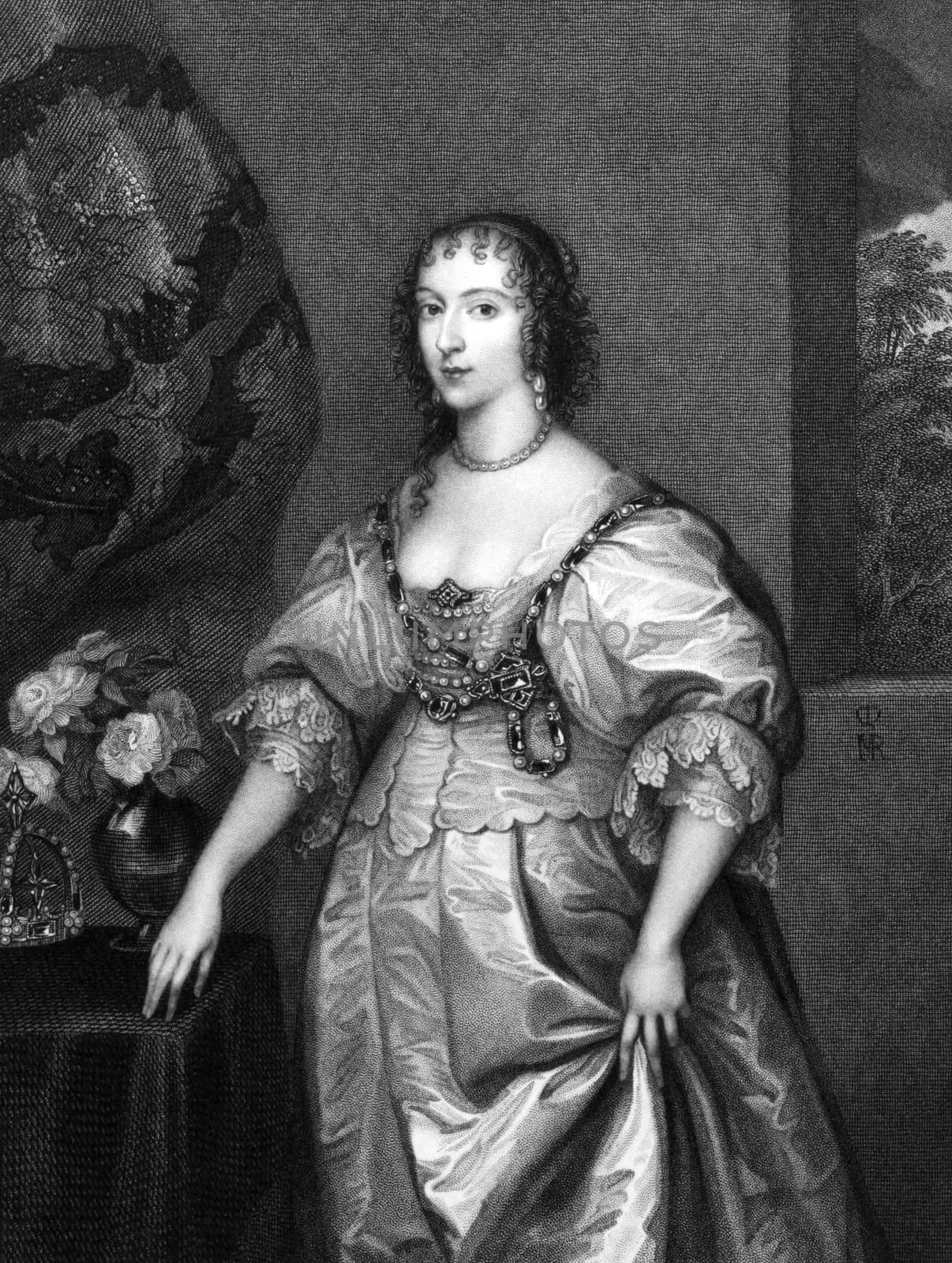 Henrietta Maria of France (1609-1669) on engraving from 1830. Queen consort of England, Scotland and Ireland as the wife of King Charles I. Engraved by H.T.Ryall and published in ''Portraits of Illustrious Personages of Great Britain'',UK,1830.