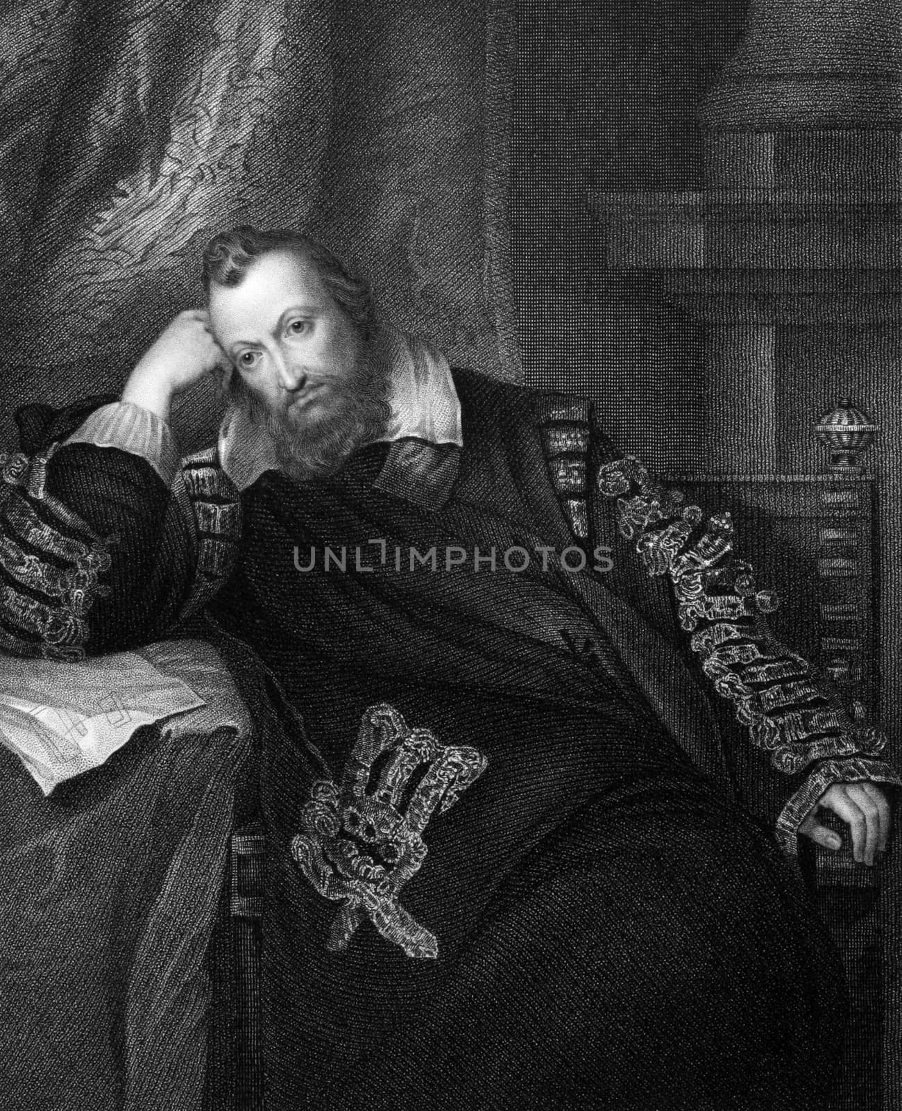 Henry Percy, 9th Earl of Northumberland (1564-1632) on engraving from 1831.  English aristocrat. Engraved by J.Cochran and published in ''Portraits of Illustrious Personages of Great Britain'',UK,1831.