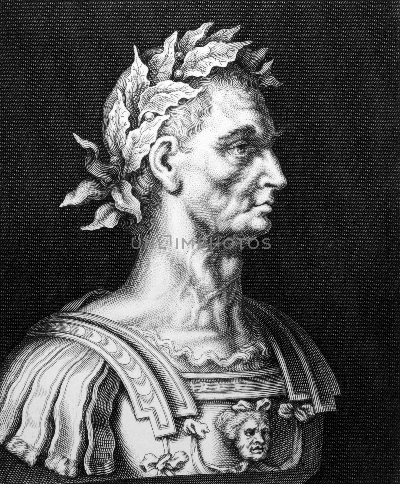 Julius Caesar (100BC-44BC) on engraving from 1860.  Roman general, statesman, Consul and notable author of Latin prose. Engraved by unknown and published by ''Bibliographic Institute Hildburghausen'',Germany,1860.
