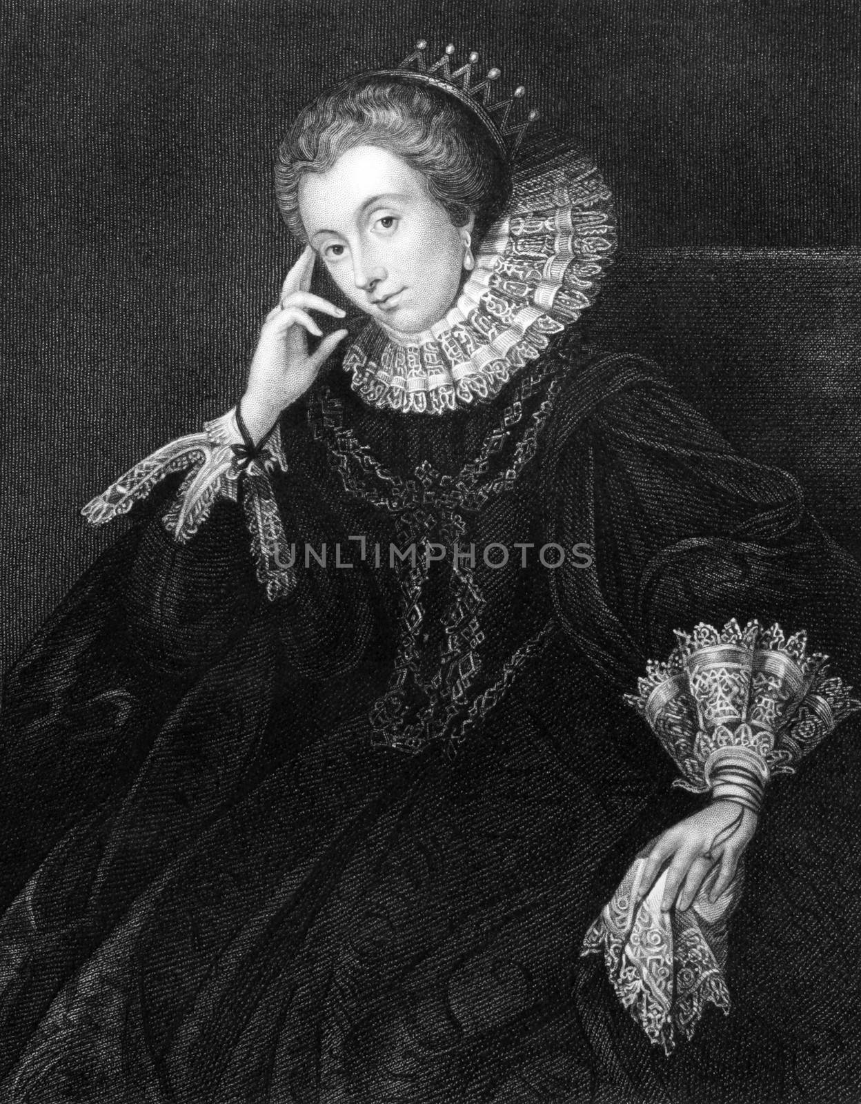 Lucy Russell, Countess of Bedford (1580-1627) on engraving from 1831. Major aristocratic patron of the arts and literature. Engraved by H.T.Ryall and published in 
''Portraits of Illustrious Personages of Great Britain'',UK,1831.
