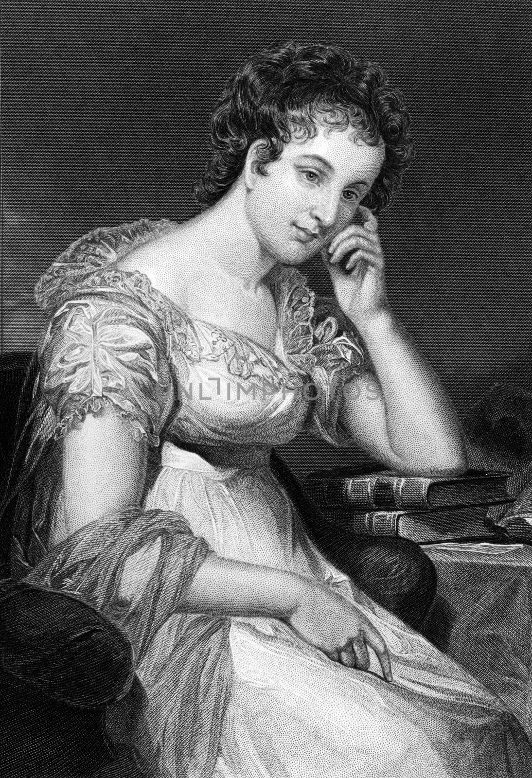 Maria Edgeworth (1768-1849) on engraving from 1873.  Prolific Irish writer of adults and children's literature. Engraved after a painting by A.Chappel and published in "The Masterpiece Library of Short Stories'',USA,1873.