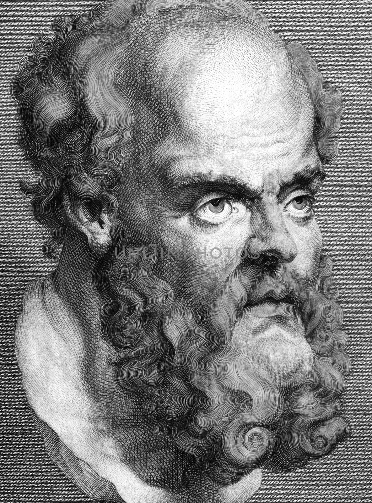 Socrates (469BC-399BC) on engraving from 1788. 
Classical Greek Athenian philosopher. Considered one of the founders of Western philosophy. Engraved by T.Trotter after Peter Paul Rubens and published in ''Essays on Physiognomy'',UK,1788.