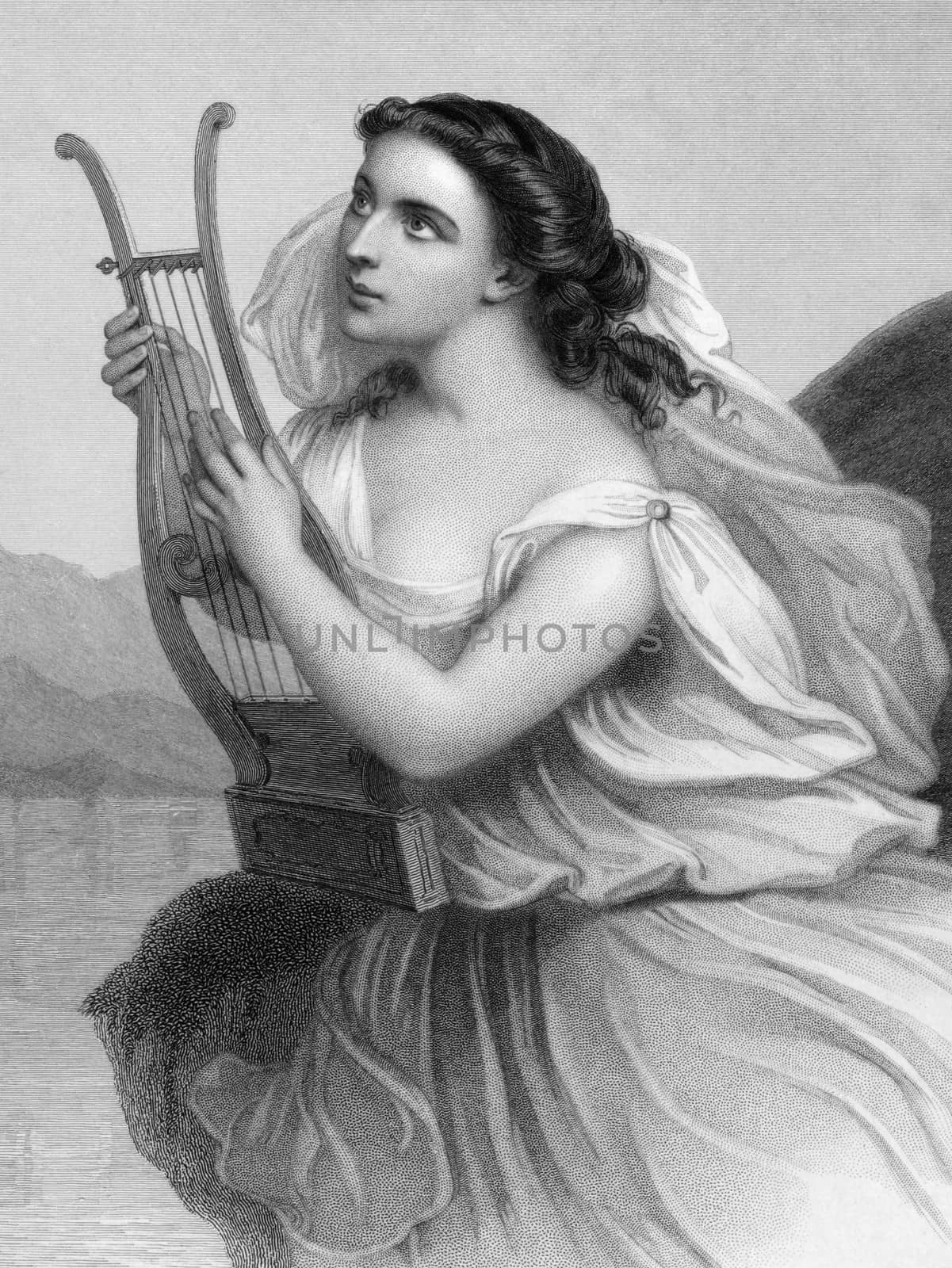 Sappho (630/612-570 BC) on engraving from 1858. Ancient Greek lyric poet. Engraved by F.Holl  and published in "World Noted Women'',USA,1858.
