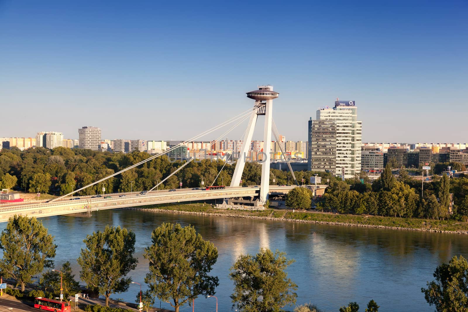 BRATISLAVA, SLOVAKIA - JULY 21: New Bridge on July 21, 2013 in Bratislava, Slovakia. New Bridge is the world's longest cable-stayed bridge to have one pylon and one cable-stayed plane.