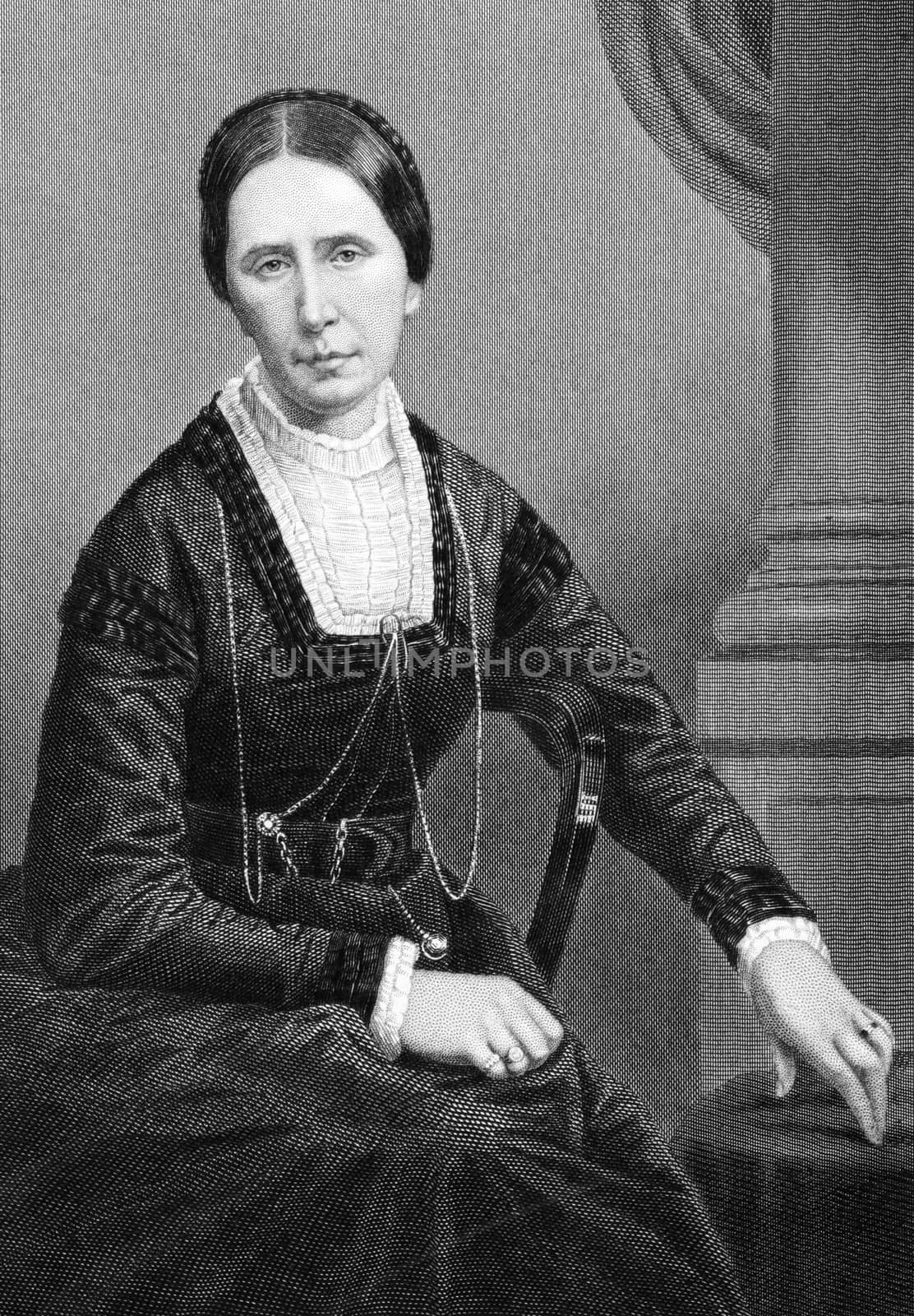 Angela Burdett-Coutts, 1st Baroness Burdett-Coutts (1814-1906) on engraving from 1874. Engraved by J.Wilson and published in "The Masterpiece Library of Short Stories'',USA,1874.