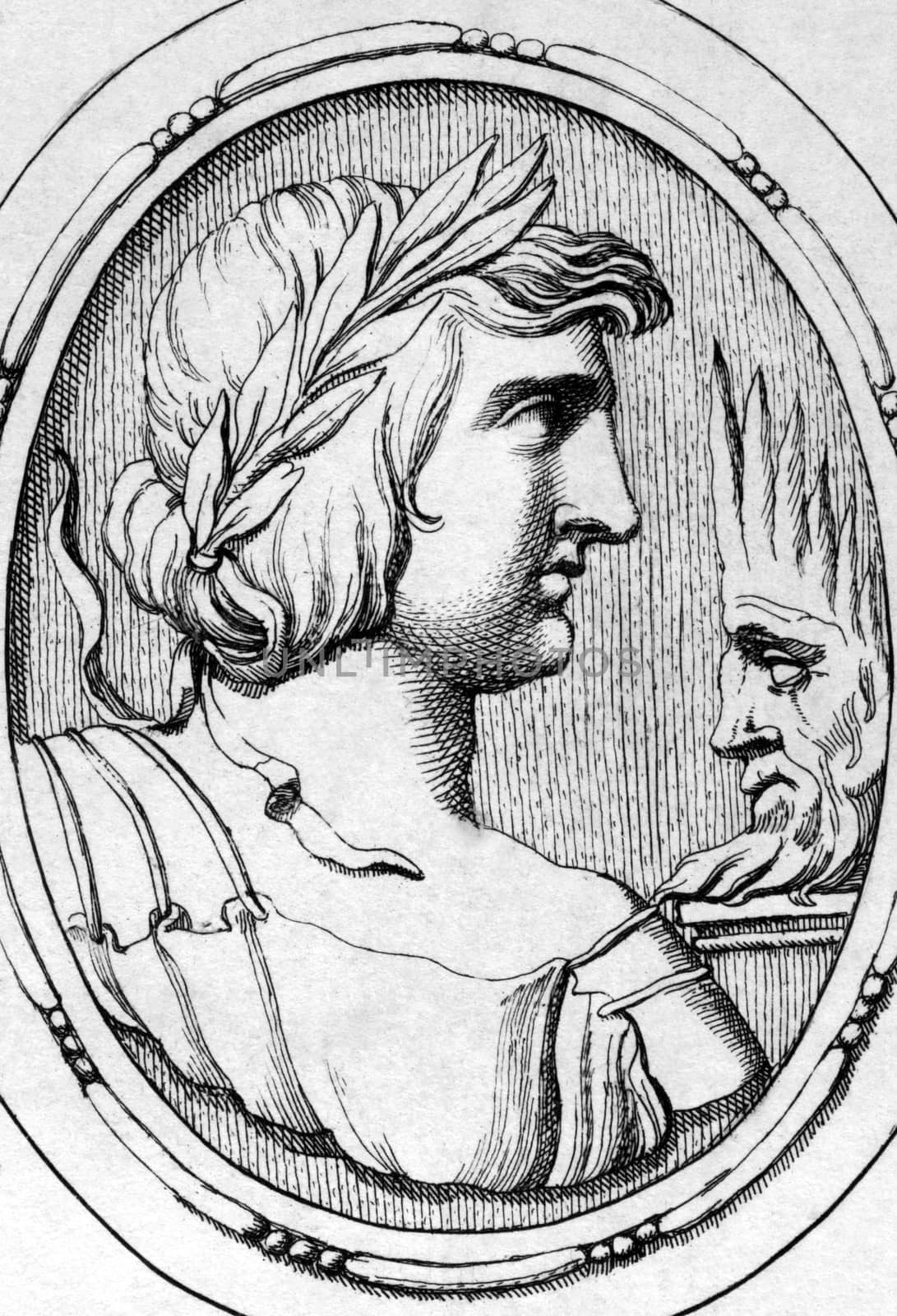 Publius Vergilius Maro (70BC-19BC) on engraving from 1685. Ancient Roman poet. Engraved by Leonardo Agostini and published in Gemmae et Sculpturae Antiquae Depictae,Italy,1685.