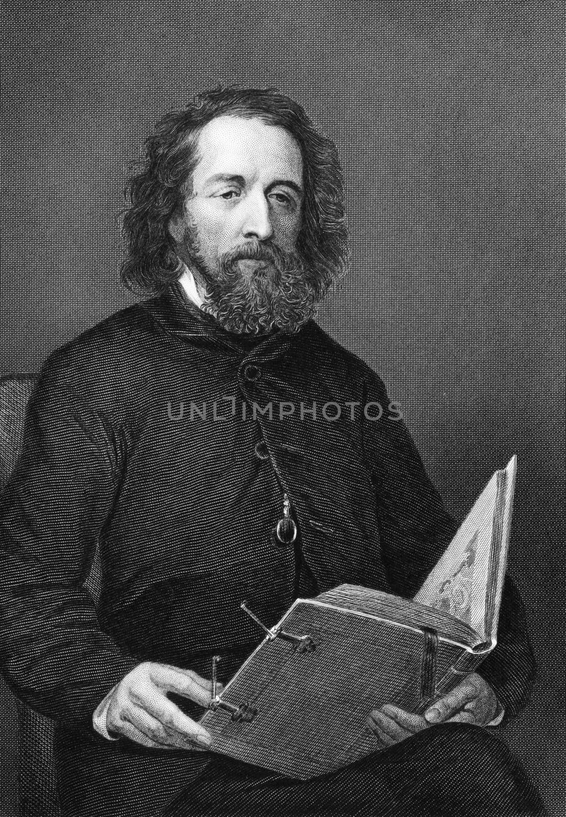 Alfred Lord Tennyson (1809-1892) on engraving from 1872. Poet Laureate of Great Britain and Ireland during Queen Victoria's reign. One of the most popular British poets. Engraved after a painting by A.Chappel and published in "The Masterpiece Library of Short Stories'',USA,1872.