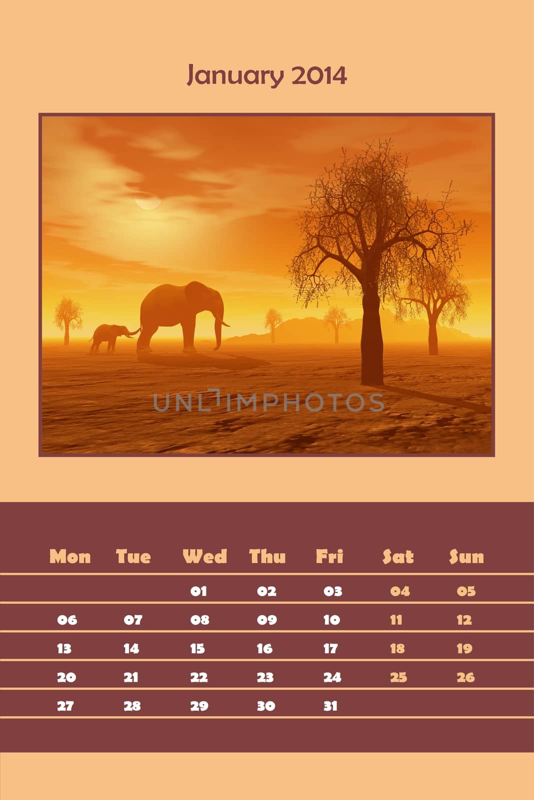 Colorful english calendar for january 2014 - elephant and baby by sunset, 3D render