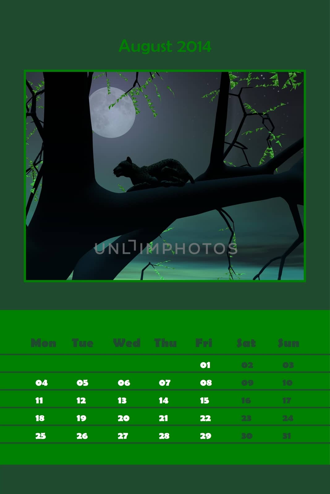 Colorful english calendar for august 2014 - panther in a tree by full moon night, 3D render