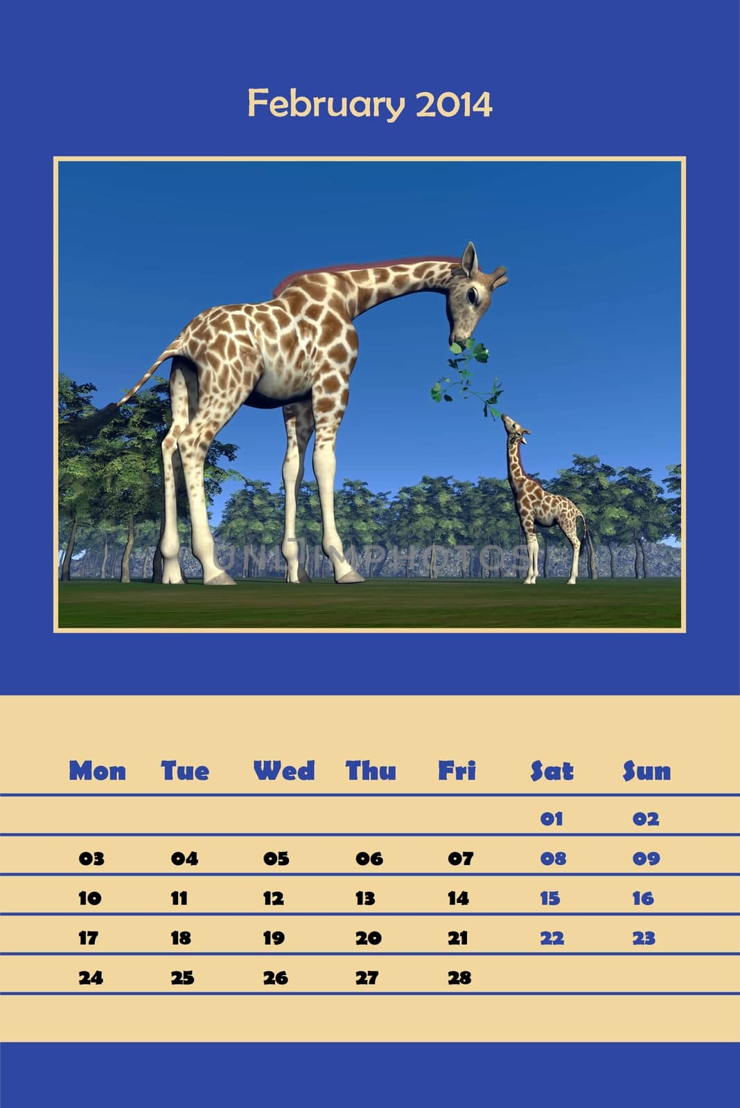 Colorful english calendar for february 2014 in black background - giraffe mum feeding little one, 3D render