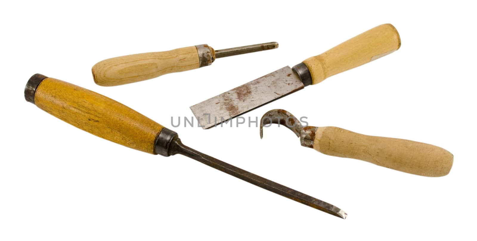 retro rusty chisel graver carve tools collection with wooden handles isolated on white background.