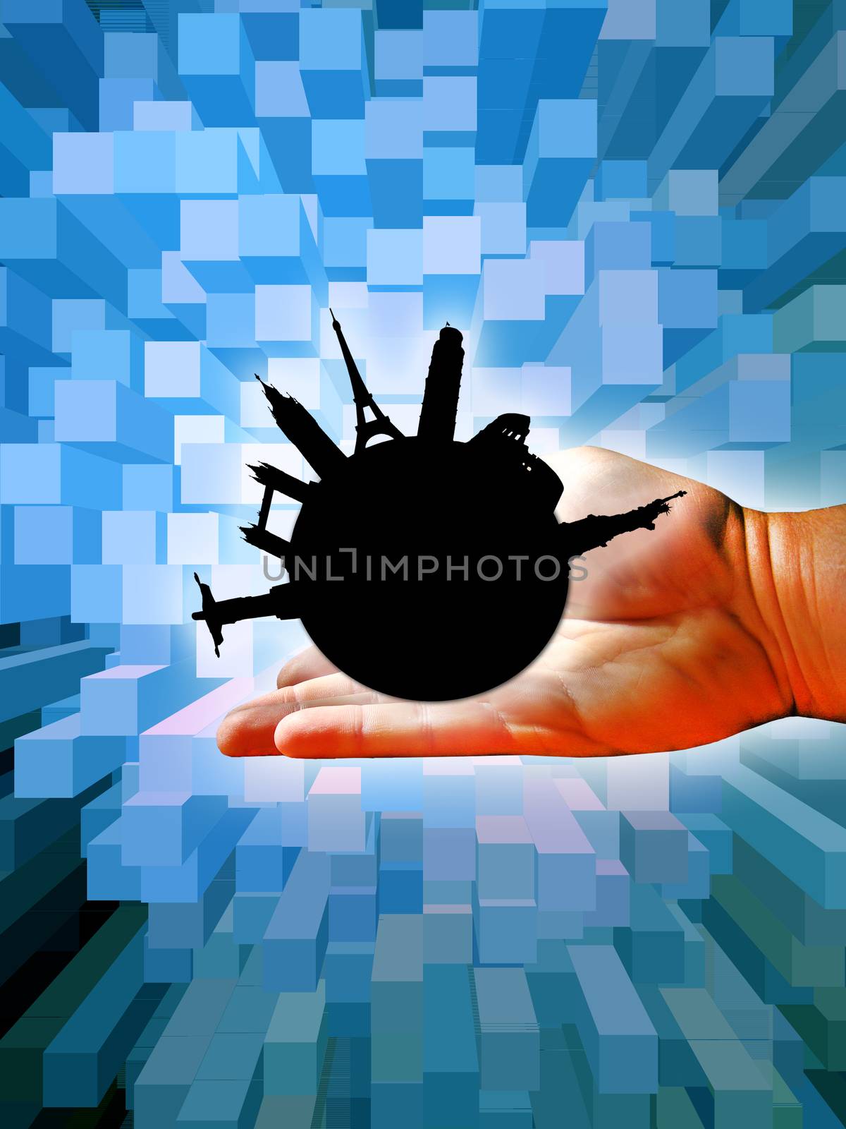 Black silhouettes of places of interest of Europe on the hand and on blue background