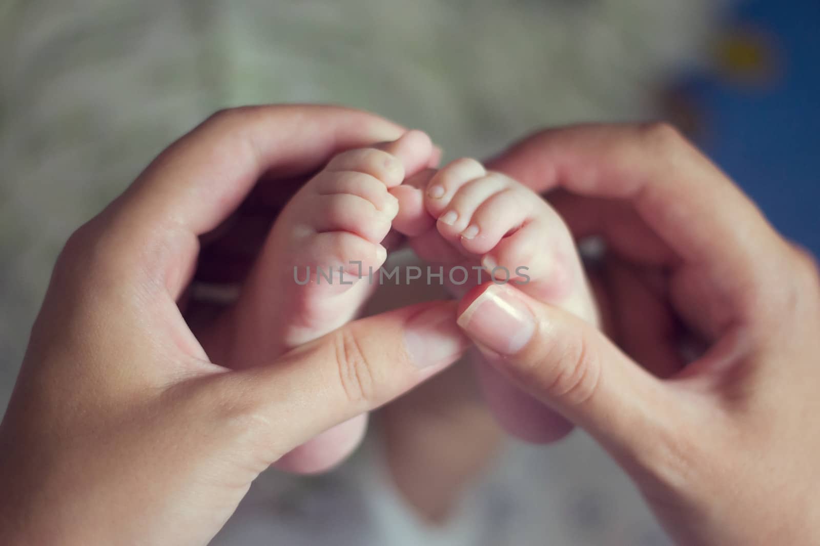 close up of Little baby feet with mother hand