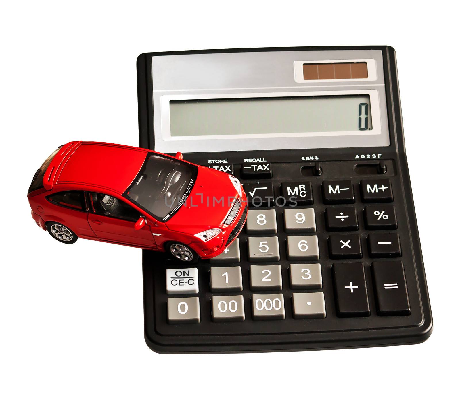Toy car and calculator. Concept for buying, renting, insurance, fuel, service and repair costs
