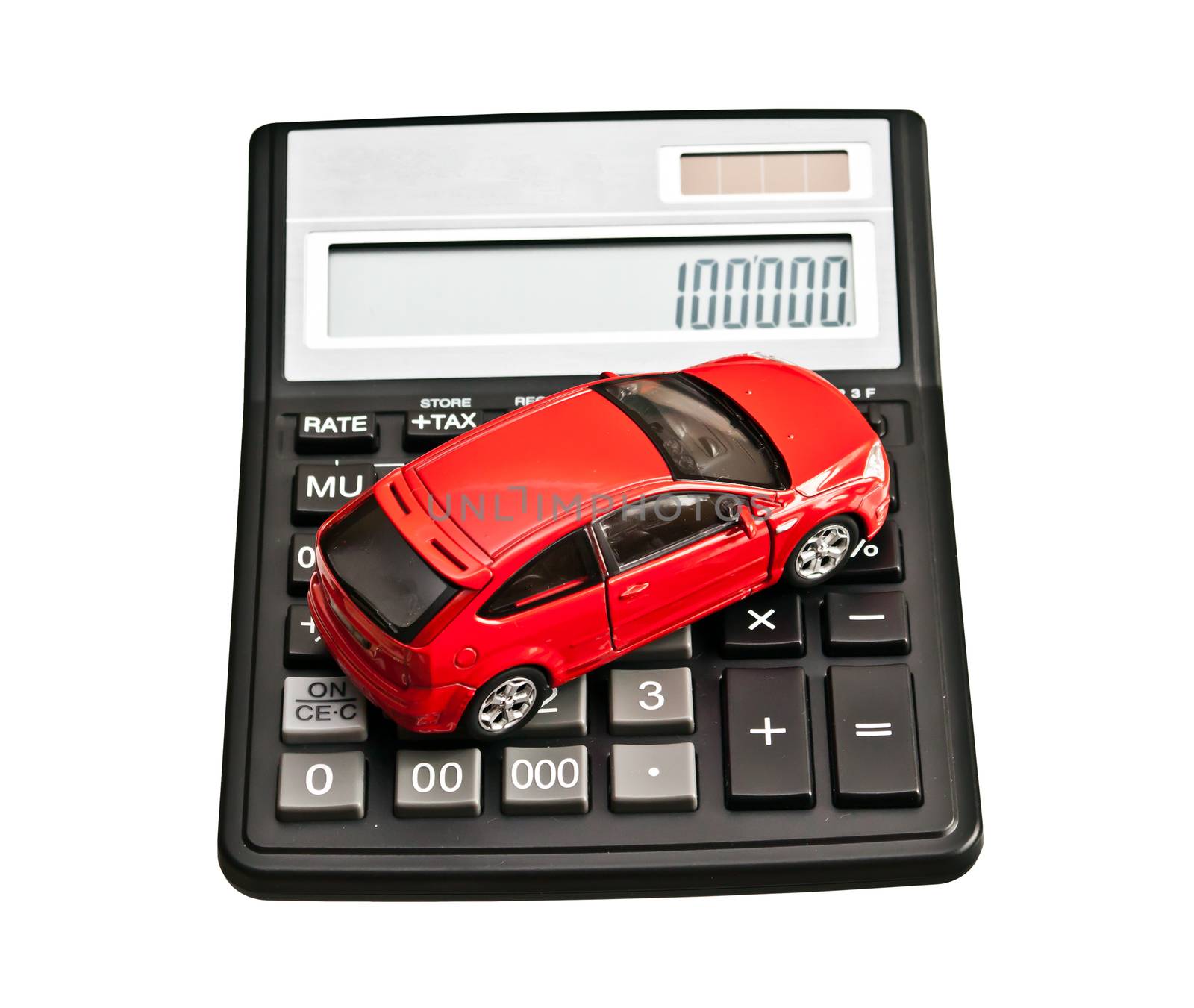 Toy car and calculator. Concept for buying, renting, insurance,