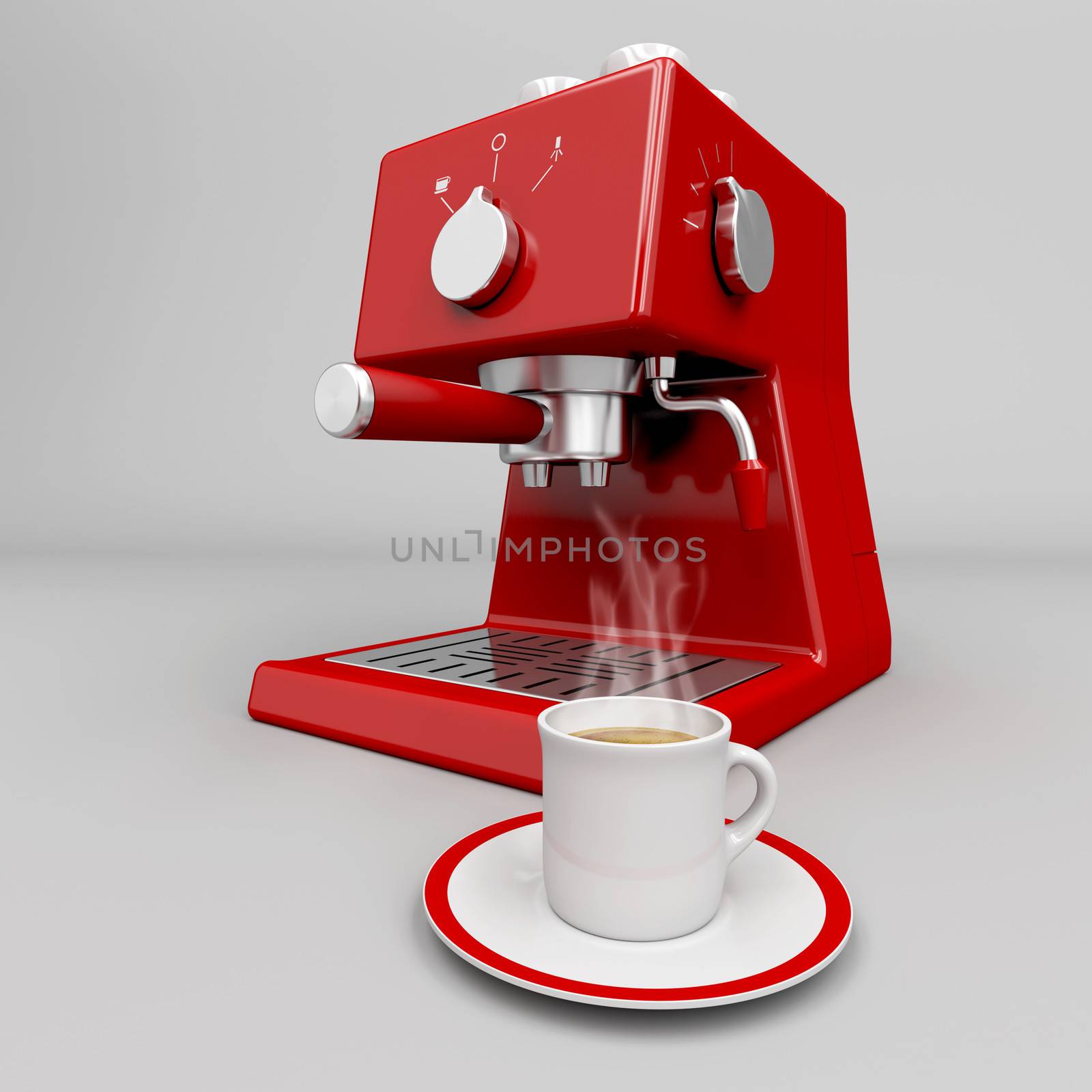 Hot espresso in front of professional espresso machine