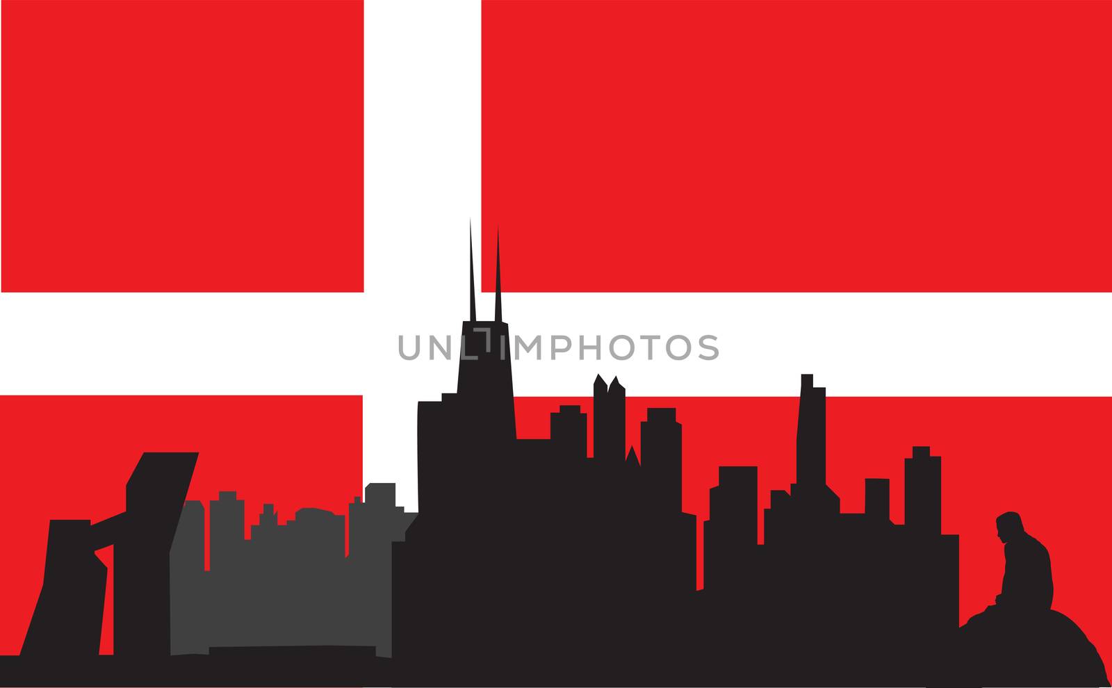 Copenhagen skyline with denmark flag