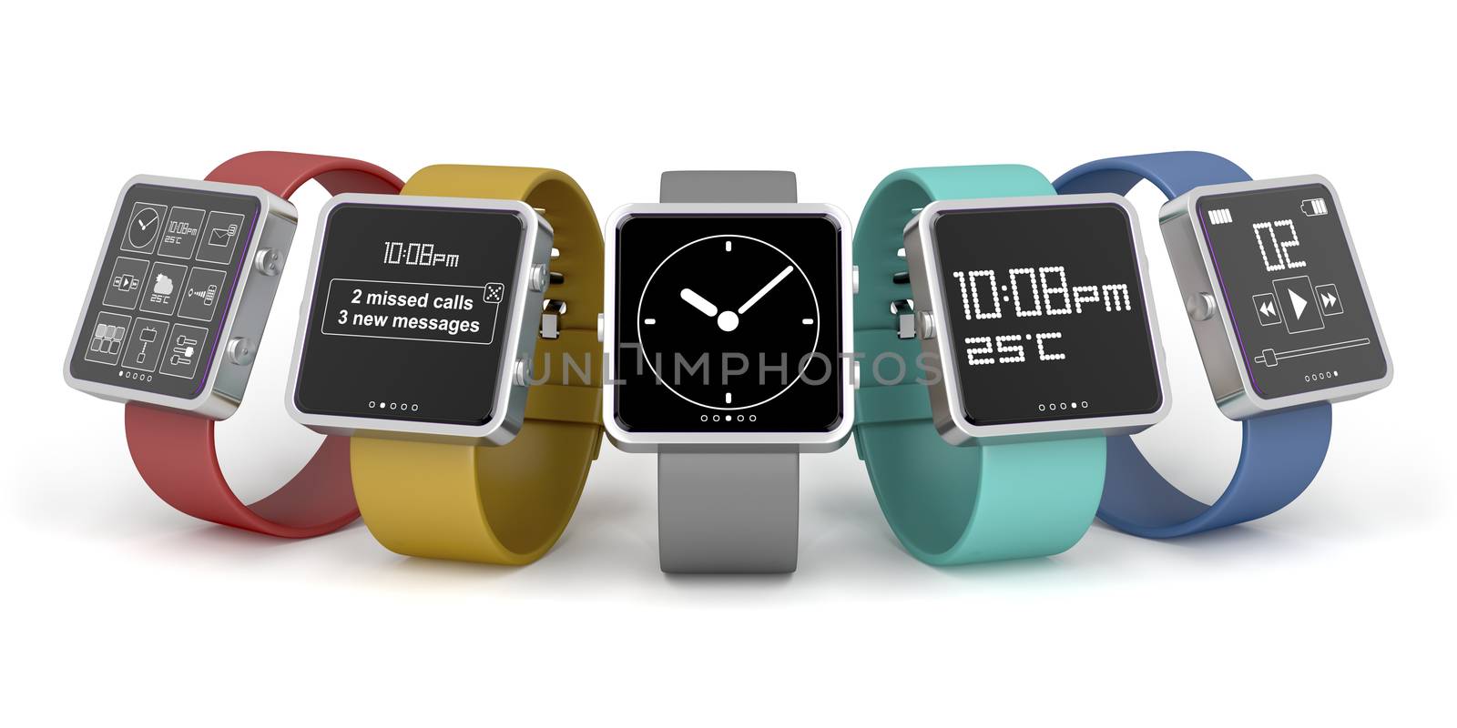Five smartwatches with different interfaces and colors